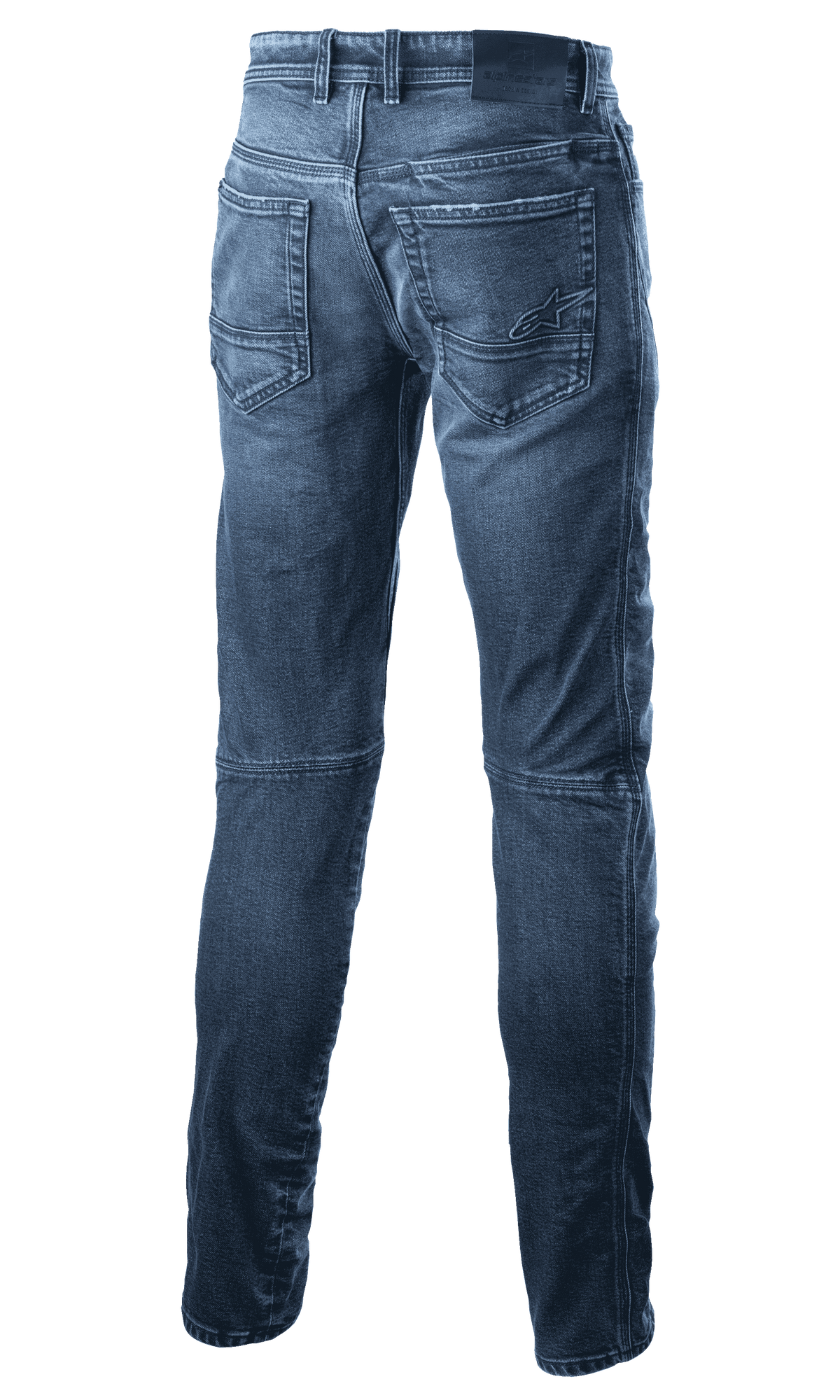 Pantalon en denim Alpinestars Argon Slim Fit, jeans de moto, bleu moyen, vue arrière montrant les poches arrière avec logo étoile brodé, coupe ajustée, construction technique en denim pour la conduite urbaine