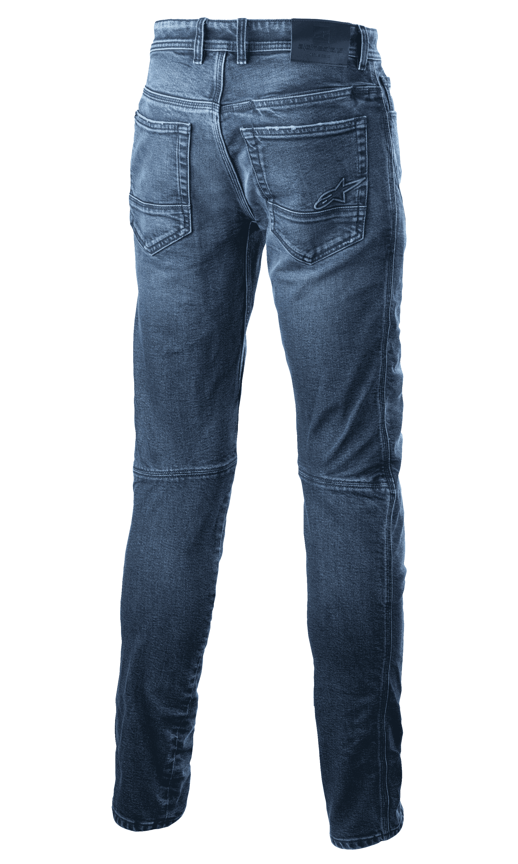 Alpinestars Argon Slim Fit Denim Broek, motorjeans, Mid Blue, achterzijde met achterzakken voorzien van geborduurd sterlogo, slim fit silhouet en technische denimconstructie voor stedelijk rijden