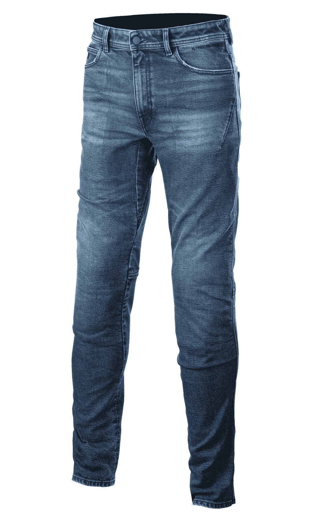 Alpinestars Argon Slim Fit Denim Pants, middenblauw, motorjeans met knoop- en ritssluiting, vervaagd effect, slim fit ontwerp, riemlussen en voorzakken, zichtbare stiksels