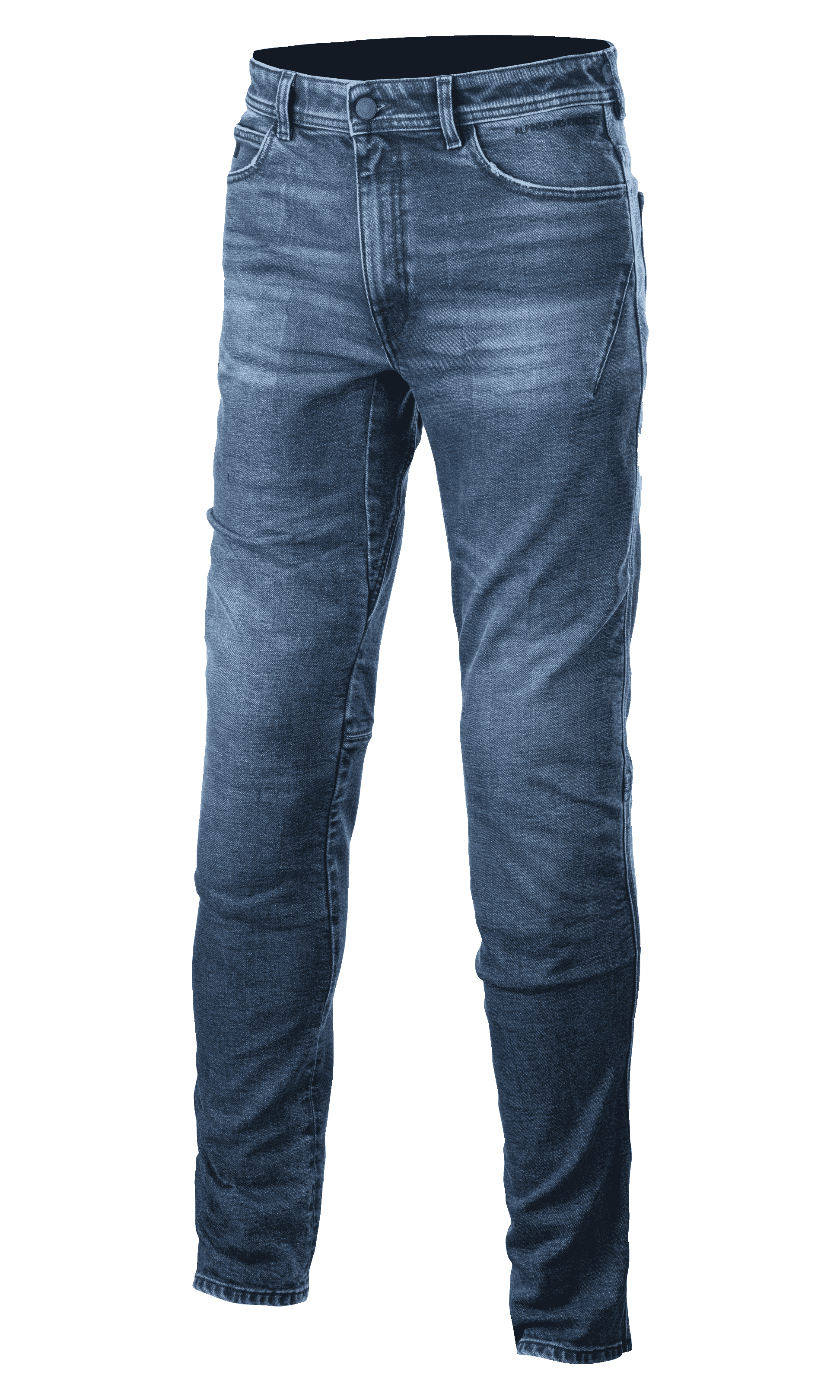 Alpinestars Argon Slim Fit Denim Pants, middenblauw, motorjeans met knoop- en ritssluiting, vervaagd effect, slim fit ontwerp, riemlussen en voorzakken, zichtbare stiksels