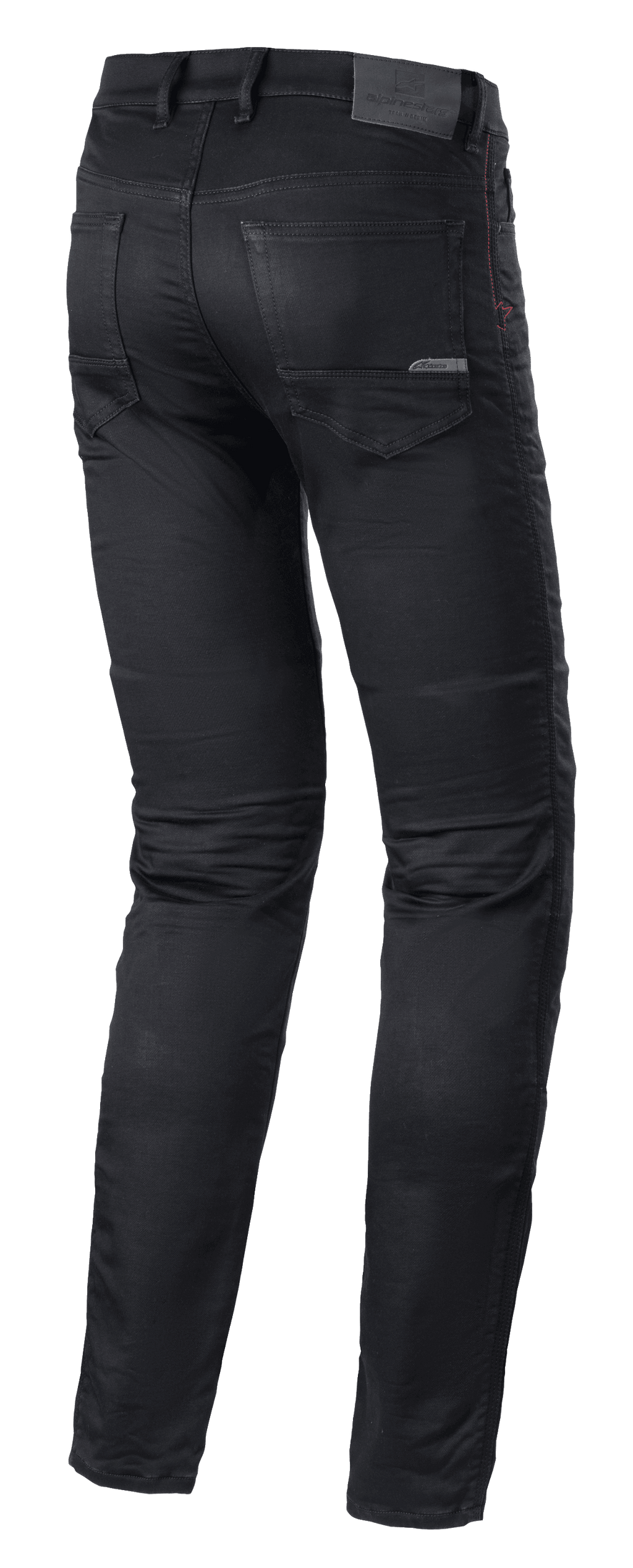 Alpinestars Cerium Tech Stretch Riding Denim, jean de moto, Black Rinse, coupe ajustée, vue arrière avec construction de jambes préformées, poches arrière et écusson en cuir à la taille avec logo embossé