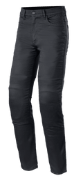 Alpinestars Cerium Tech Stretch Riding Denim, jean de moto noir délavé, coupe slim avec fermeture à bouton, design à cinq poches avec passants de ceinture, tissu extensible durable avec coutures visibles