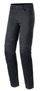 Alpinestars Cerium Tech Stretch Riding Denim, jean de moto noir délavé, coupe slim avec fermeture à bouton, design à cinq poches avec passants de ceinture, tissu extensible durable avec coutures visibles