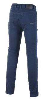 Alpinestars Cerium Tech Stretch Riding Denim, motorjeans, Rinse Blue, achteraanzicht met slim-fit technische denim, klassieke achterzakken en leren merkpatch op de tailleband