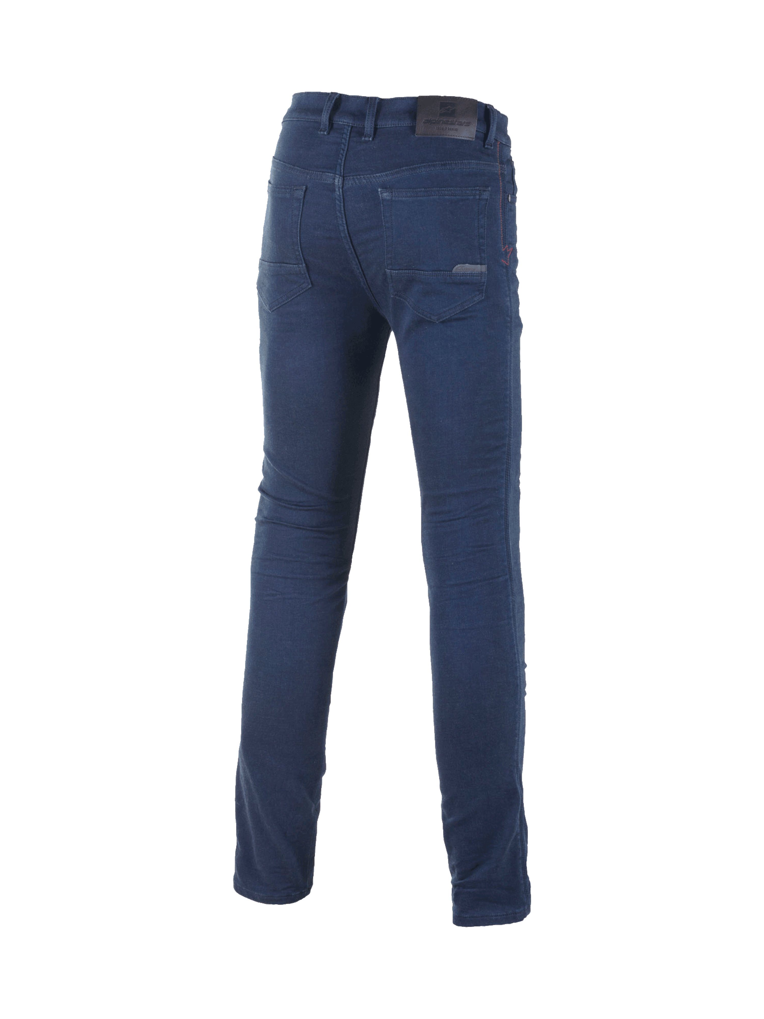 Alpinestars Cerium Tech Stretch Moto Denim, slim fit motorjeans in blauw voor stedelijk gebruik, achteraanzicht met klassiek vijfzakkenontwerp.