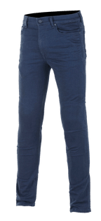 Alpinestars Cerium Tech Stretch Riding Denim, motorjeans, donkerblauw, slim fit, vijf-zakken ontwerp met knoop- en ritssluiting, riemlussen, stretchstof voor rijcomfort