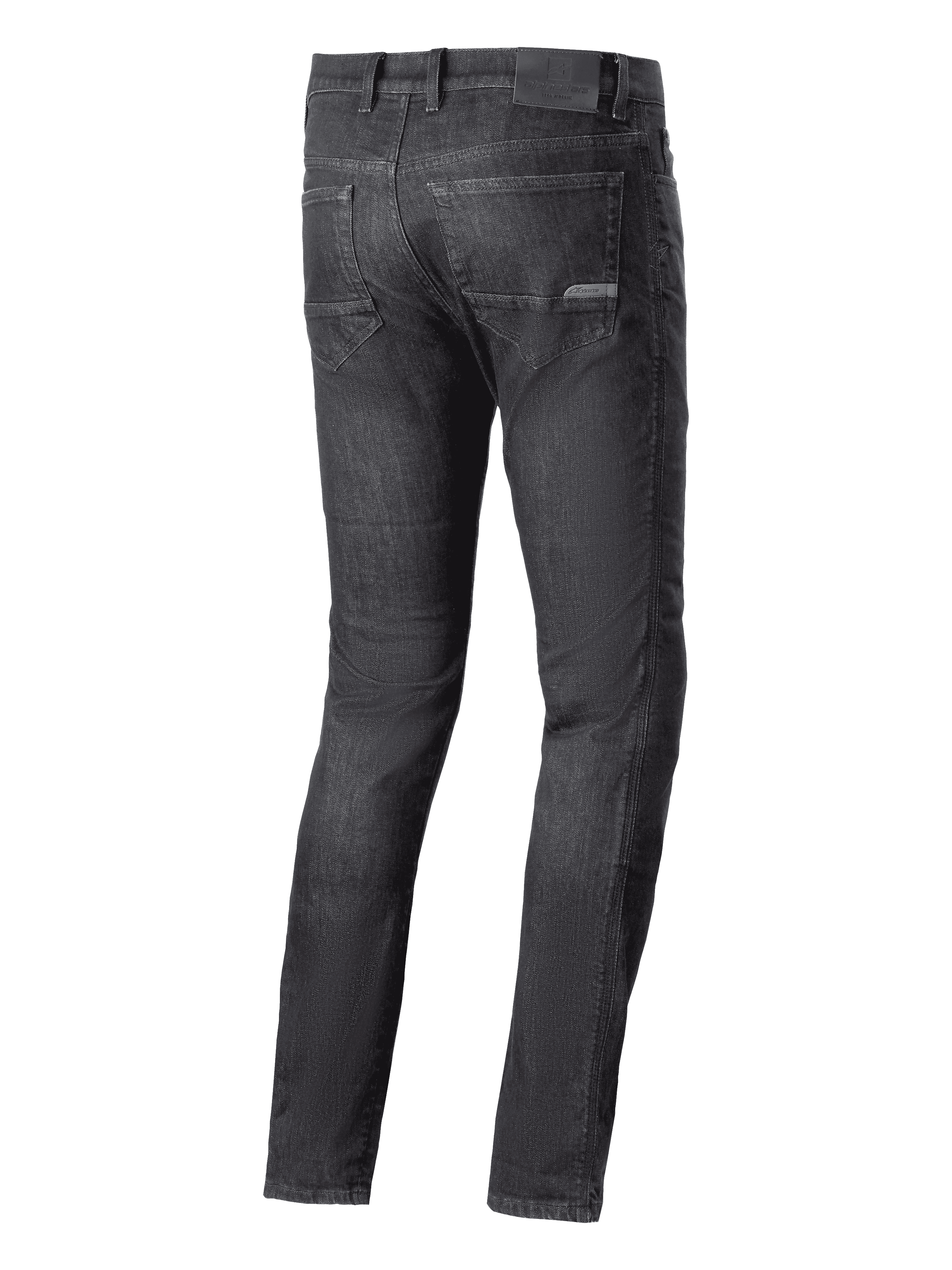 Alpinestars Cerium Denim Tech Riding Pants, jean de moto, noir délavé, vue arrière avec poches et écusson logo sur la ceinture, style urbain décontracté