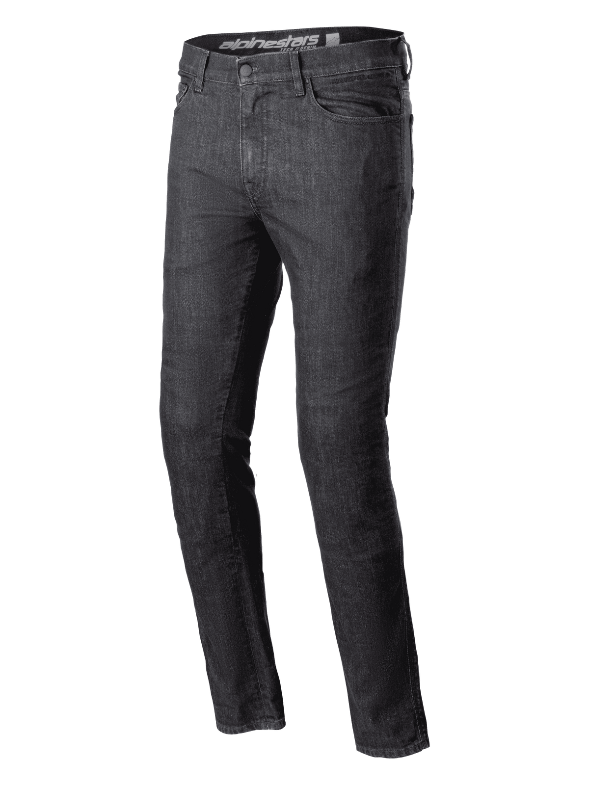Alpinestars Cerium Denim Tech Riding Pants, Motorcycle Riding Jeans, Black Washed, slim fit, classic five-pocket design, heavy-duty denim construction, belt loops, button and zipper closure, contemporary urban riding gear