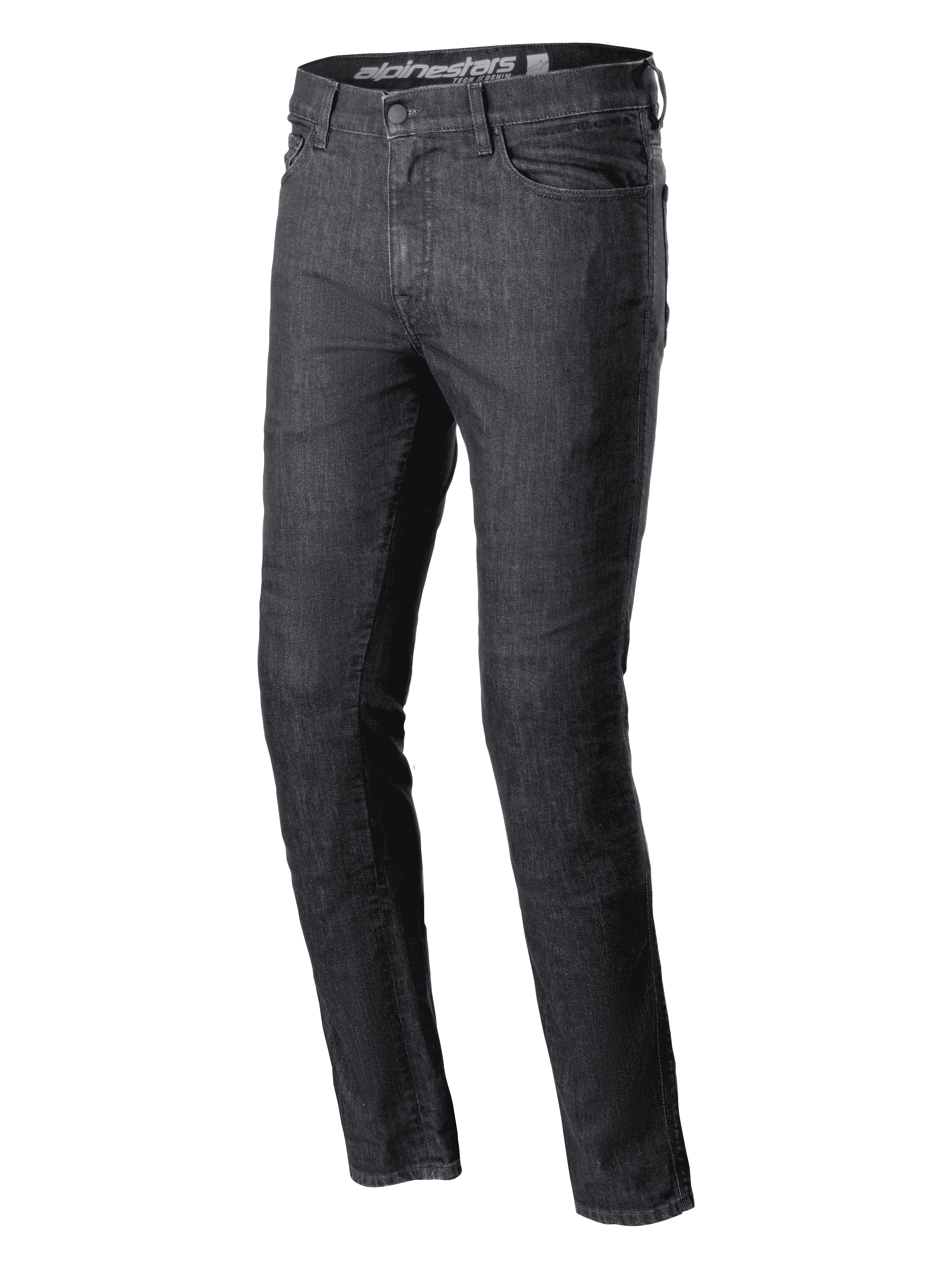 Alpinestars Cerium Denim Tech Riding Pants, jean de moto, noir délavé, coupe ajustée, design classique à cinq poches, construction en denim robuste, passants de ceinture, fermeture par bouton et éclair, équipement de moto urbain contemporain
