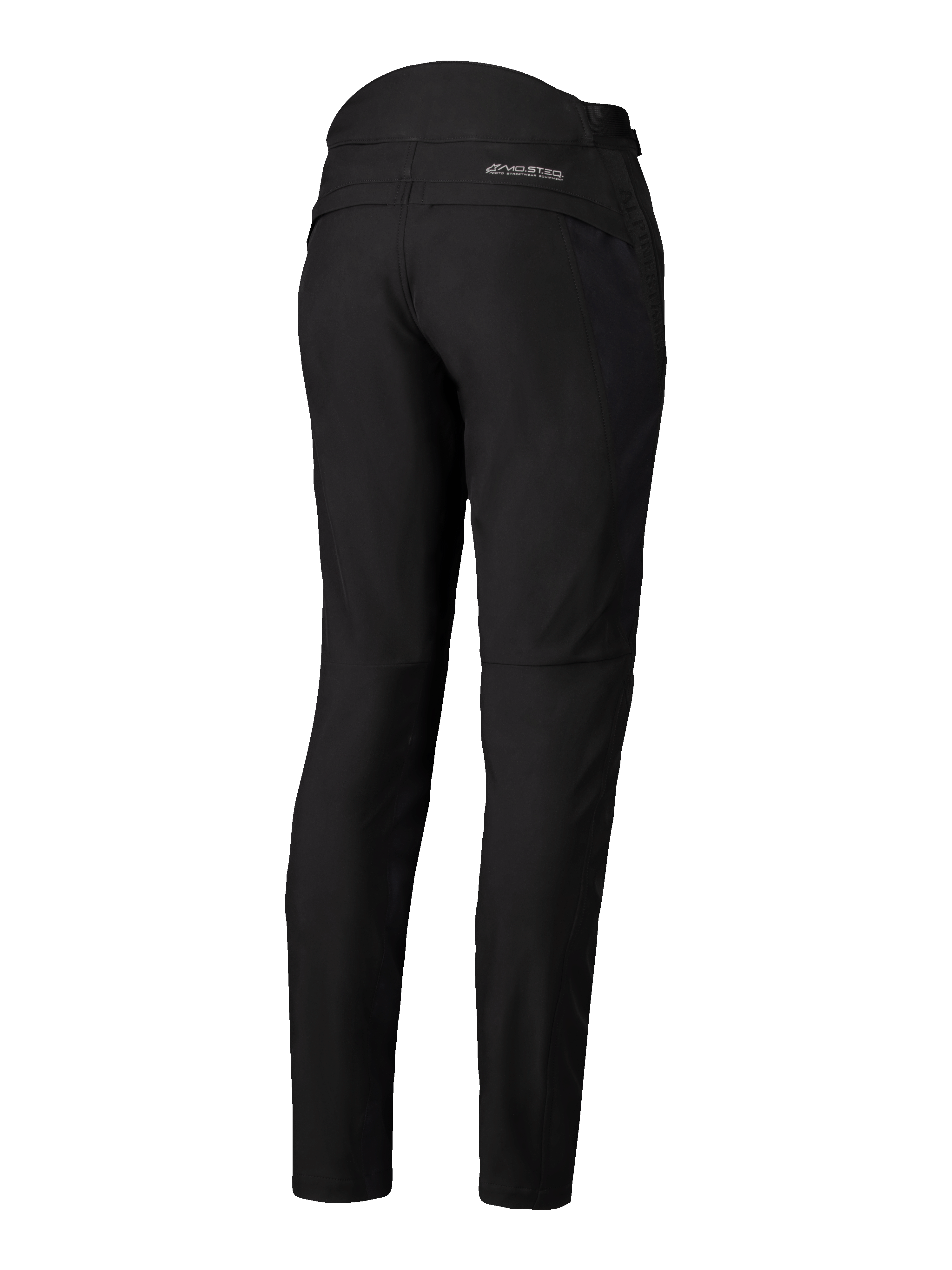 Alpinestars Alamosa Women Pants, zwart, achteraanzicht, slim fit softshell textielbroek met MO.ST.EQ. logo op de achterpas, gewatteerde details aan de bovenkant van de taille op de rug, minimalistische urban motorkleding