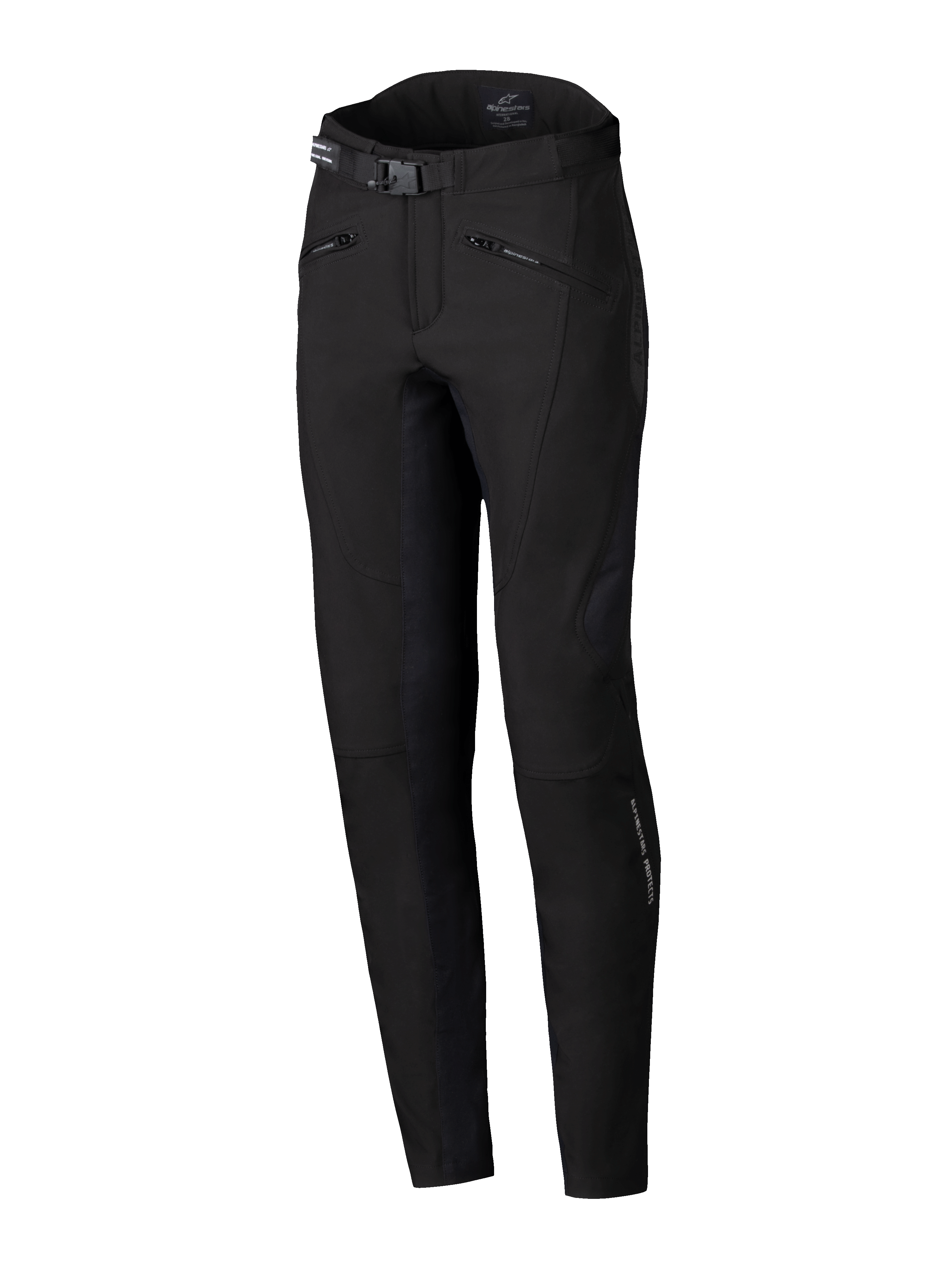 Alpinestars Alamosa damesbroek, urban motorbroek, zwart, slanke prestatiegerichte pasvorm, voorzien van een tailleriem met gesp, handzakken met ritssluiting en ergonomische technische stretch softshell-stof, minimalistisch op streetwear geïnspireerd ontwerp