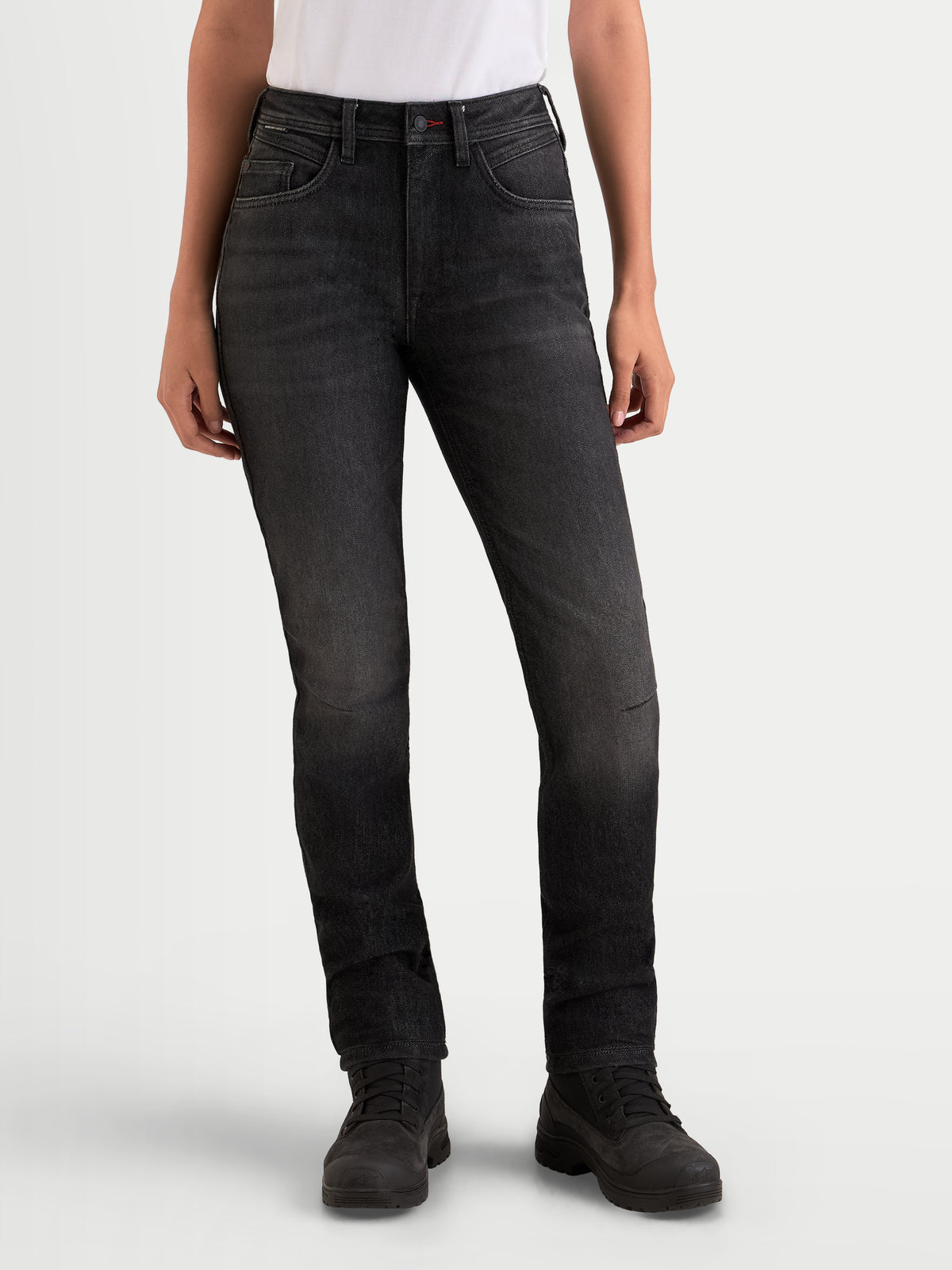 Alpinestars Stella Flex-AST 7 Denim Pants Short, women's urban motorcycle riding jeans, faded black, AA certified with stretch technical denim construction, frontal view worn by a model.