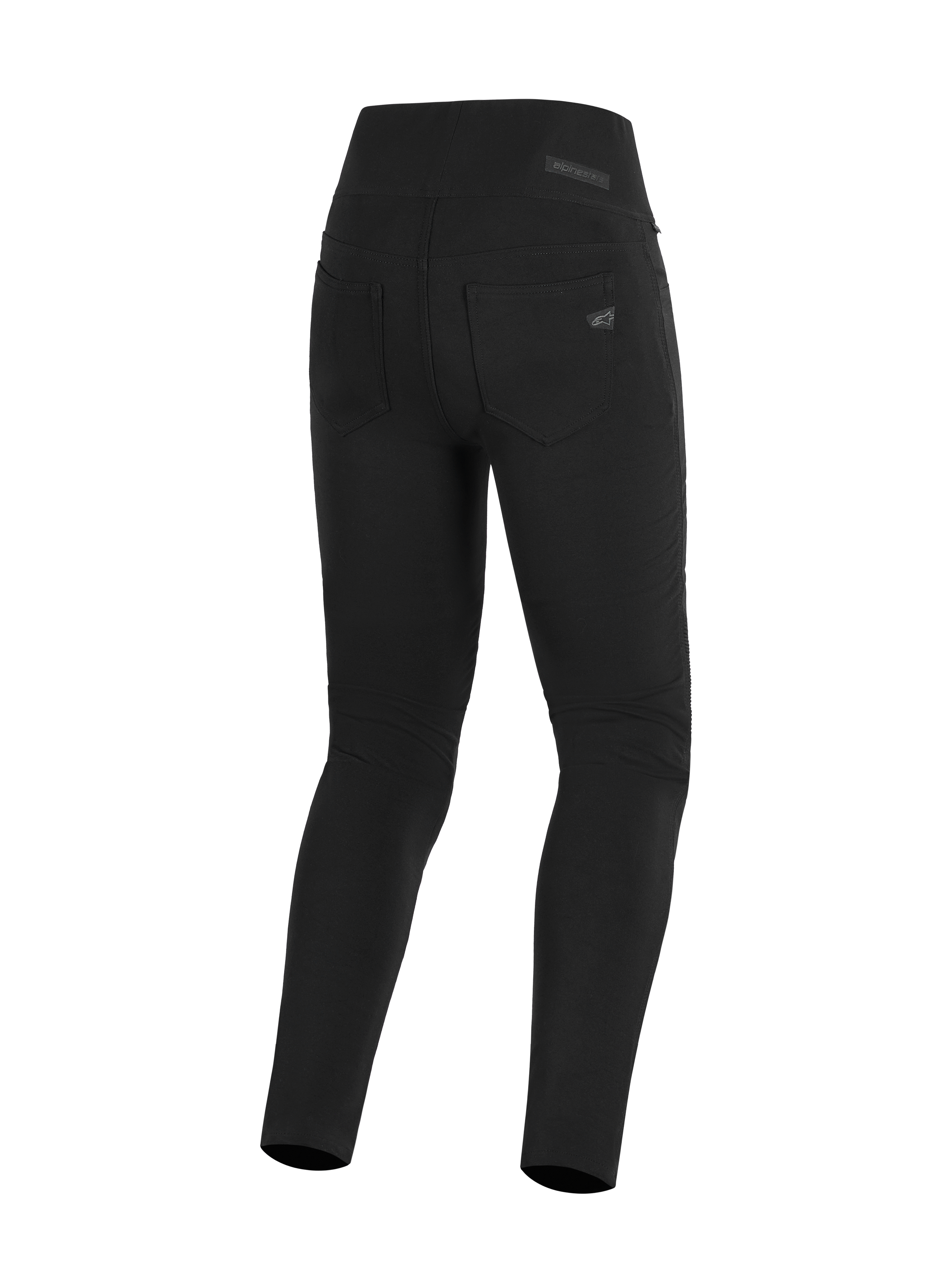 Alpinestars Stella Flex-Ast Leggings, dames motorlegging, zwart, achteraanzicht met hoge tailleband en functionele achterzakken, strakke urban rijuitrusting met subtiel Alpinestars-logo op de zak.