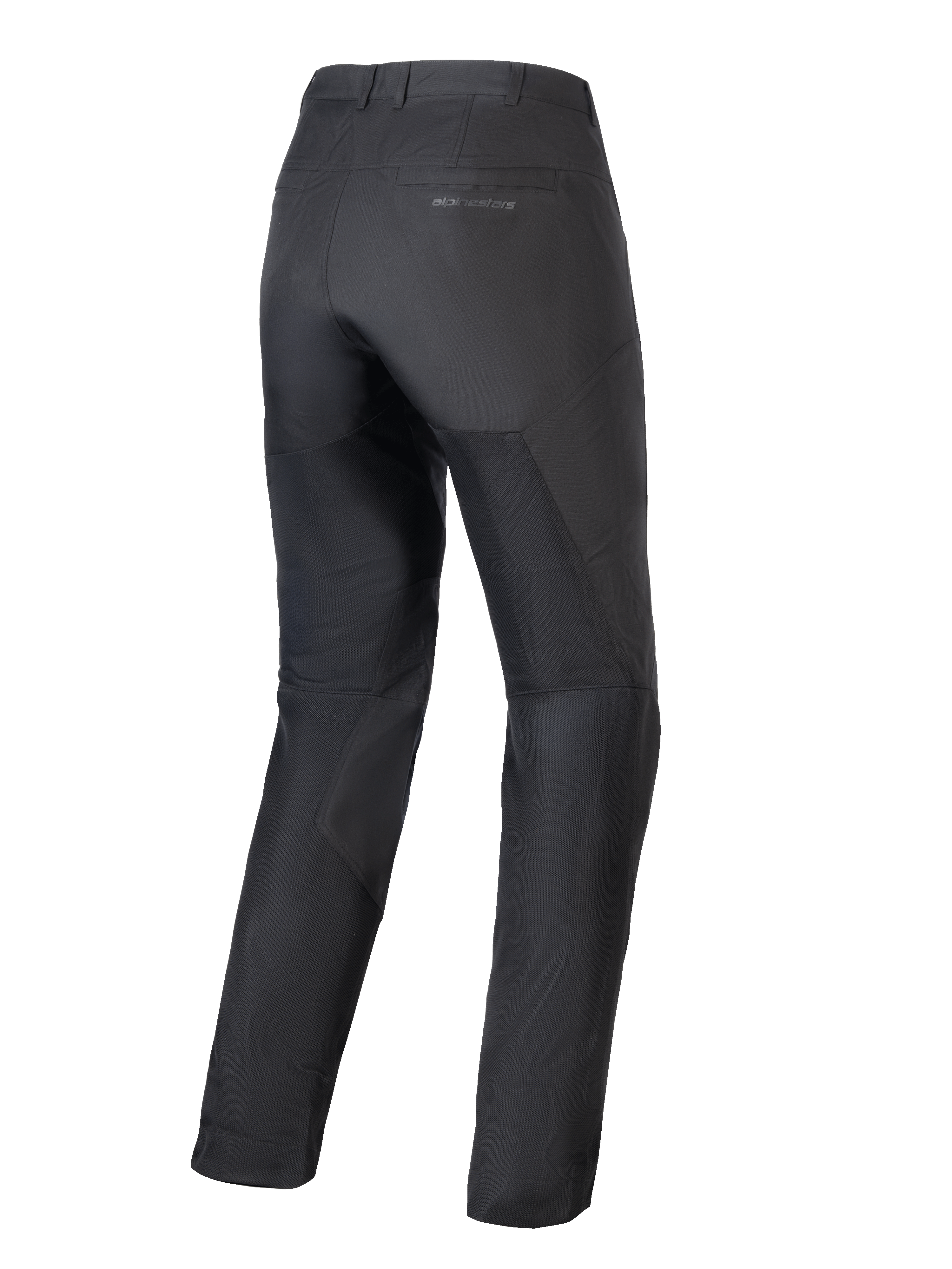 Alpinestars Stella C-1 Air Pants, pantalon de moto noir pour femme, vue arrière, montrant de larges panneaux en mesh technique sur les jambes pour la circulation de l'air, design urbain épuré avec logo discret sur la poche arrière
