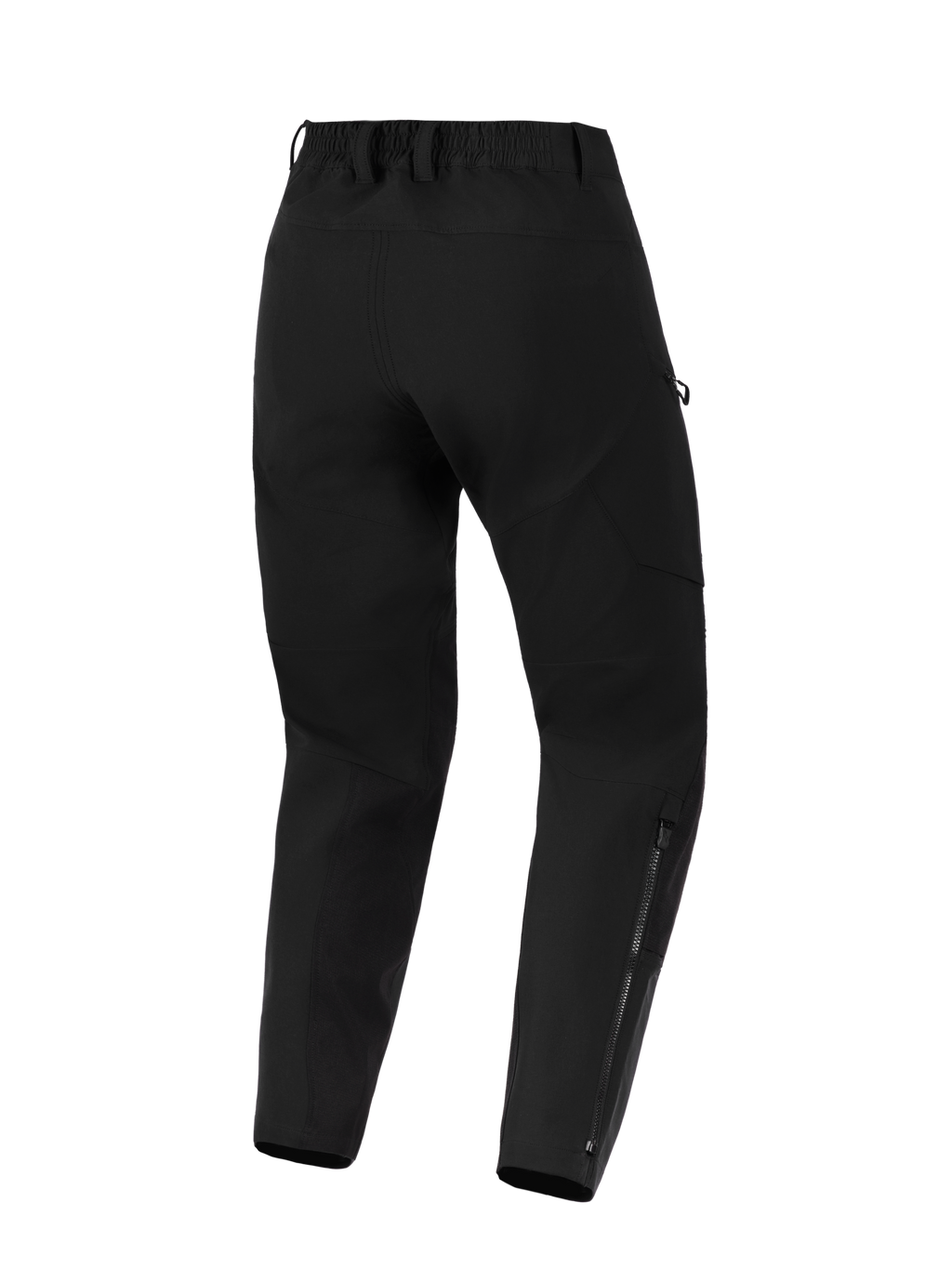 Alpinestars Stella Flex-AST Explorer Pants, pantalon de moto pour femme, noir, vue arrière présentant une construction en textile extensible, une taille élastique avec passants de ceinture et de longues fermetures éclair sur le bas des jambes pour le pilotage d'aventure.