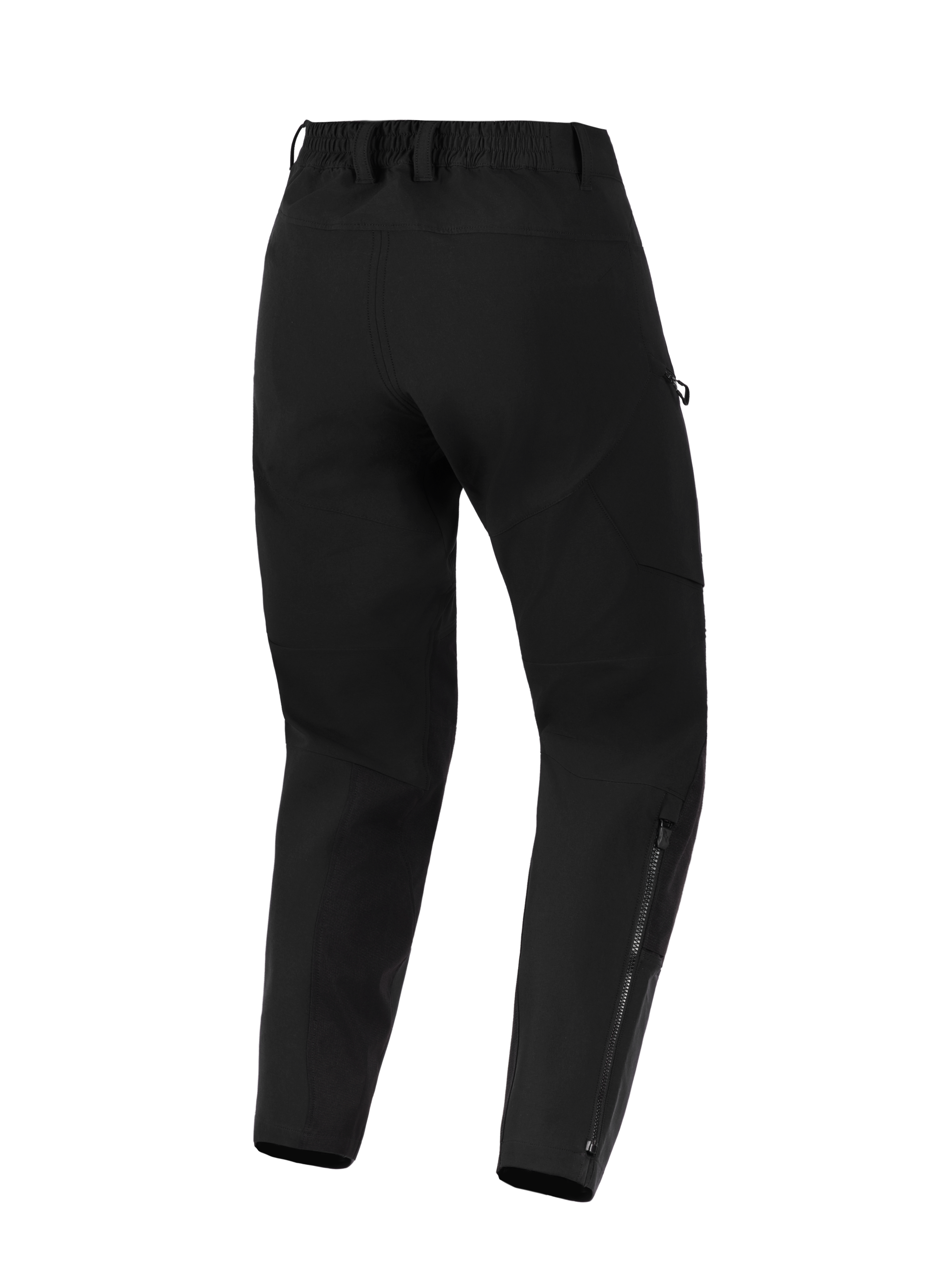Alpinestars Stella Flex-AST Explorer Pants, pantalon de moto pour femme, noir, vue arrière présentant une construction en textile extensible, une taille élastique avec passants de ceinture et de longues fermetures éclair sur le bas des jambes pour le pilotage d'aventure.