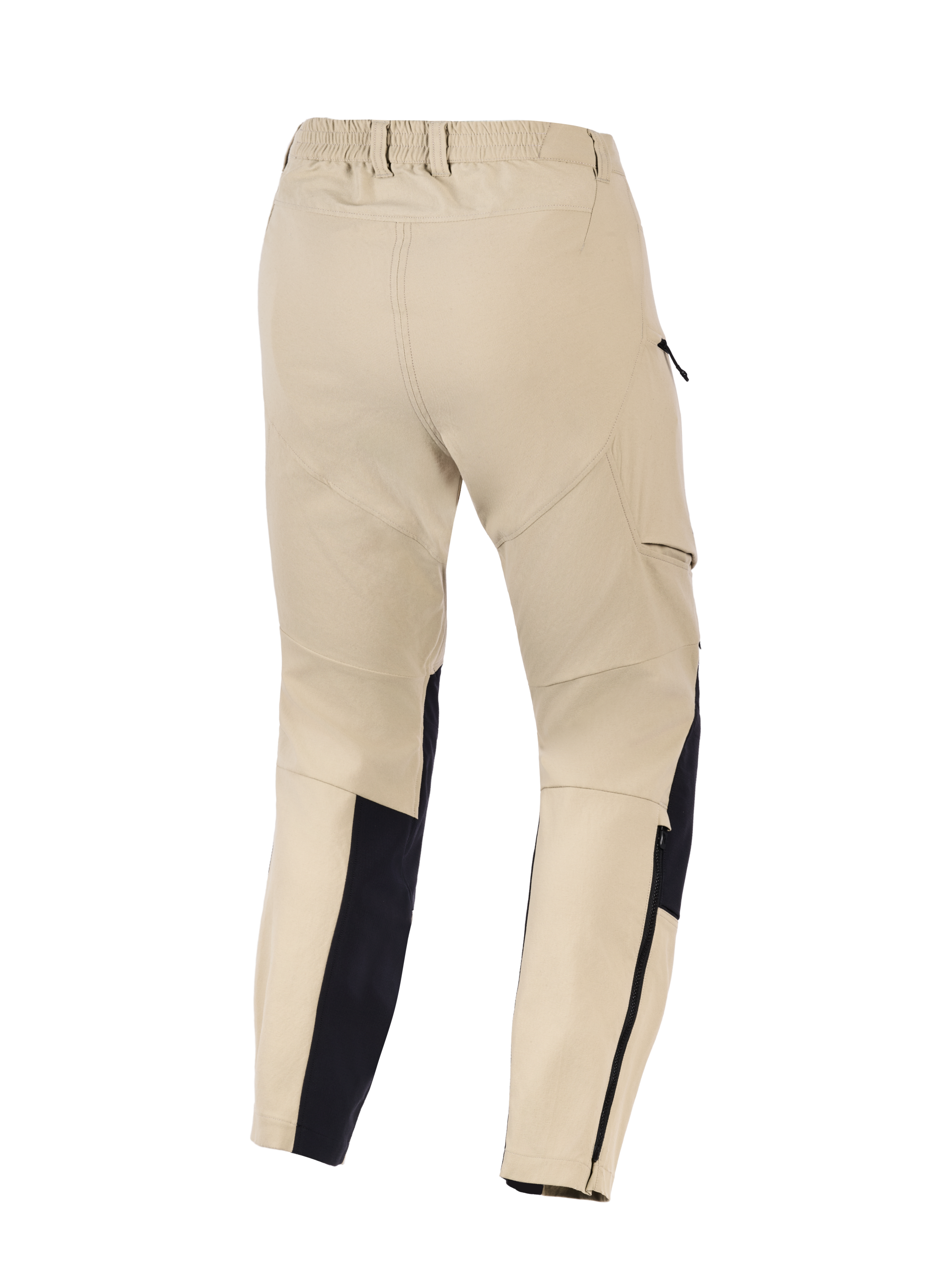 Alpinestars Woman Stella Flex-AST Explorer Pants, Women's Motorcycle Adventure Pants, Sand and Black, rear view featuring elasticated waistband, side cargo pockets, and reinforced lower leg panels with zippers, designed for warm-weather riding