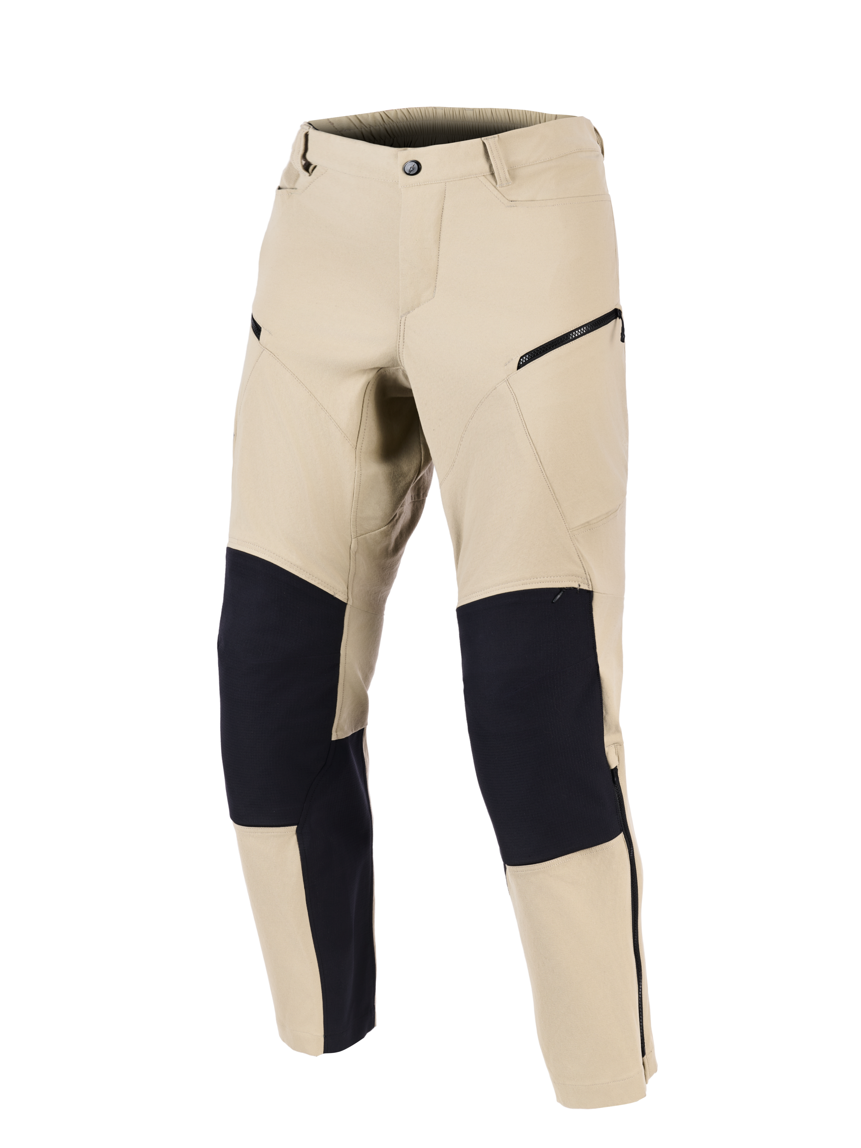 Alpinestars Stella Flex-AST Explorer Pants, Women's Motorcycle Pants, Sand and Black, front view featuring reinforced black knee panels, zippered cargo pockets, and a streamlined textile design for adventure touring