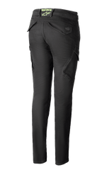 Alpinestars Caliber Women's Tech Riding Denim in Anthracite, rear view, slim fit combat-style pants with functional cargo pockets and a lime green astars logo on the back waist.
