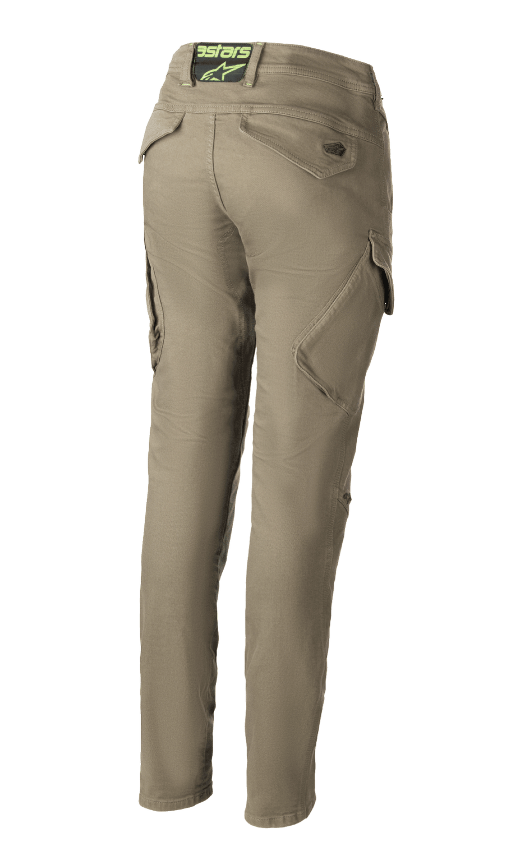 Alpinestars Caliber Damen-Tech Riding Denim, Motorradhose in Militärgrün, Rückansicht mit schmal geschnittenem Combat-Design und schrägen Cargotaschen, Astars-Logo am hinteren Bund, strapazierfähiges Cordura-Gewebe.