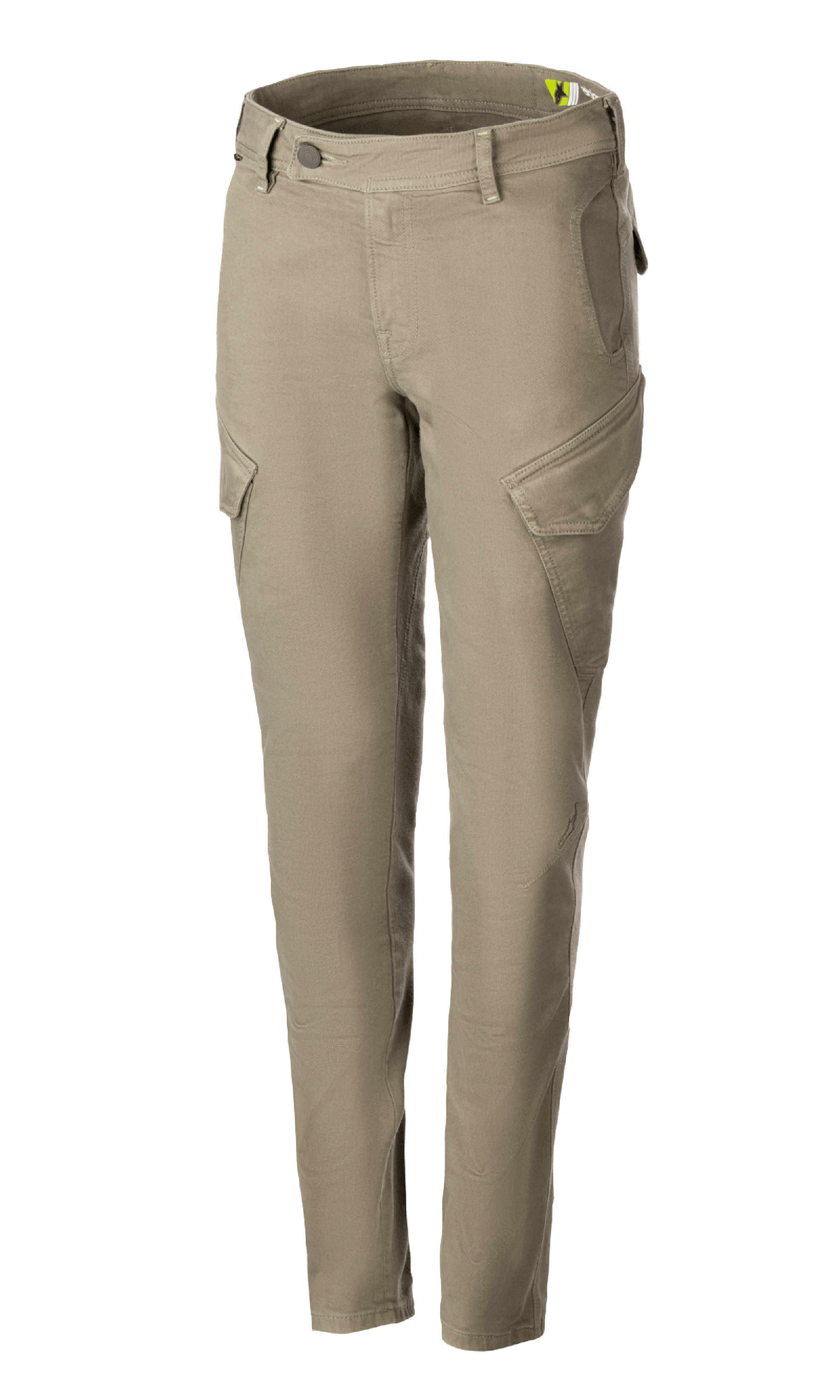 Alpinestars Caliber Damen Tech Riding Denim, Motorradhose, Military Green, Combat-Stil mit schrägen Cargotaschen, schmal zulaufende Passform, Gürtelschlaufen, Knopf- und Reißverschluss, strapazierfähiges Cordura-Stretchgewebe für Fahrten in der Stadt