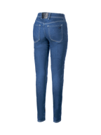 Alpinestars denim de moto Daisy V3, pantalon de moto pour femme, bleu, coupe ajustée avec taille haute, vue de dos montrant les poches arrière et le logo, renforts en aramide pour la conduite urbaine