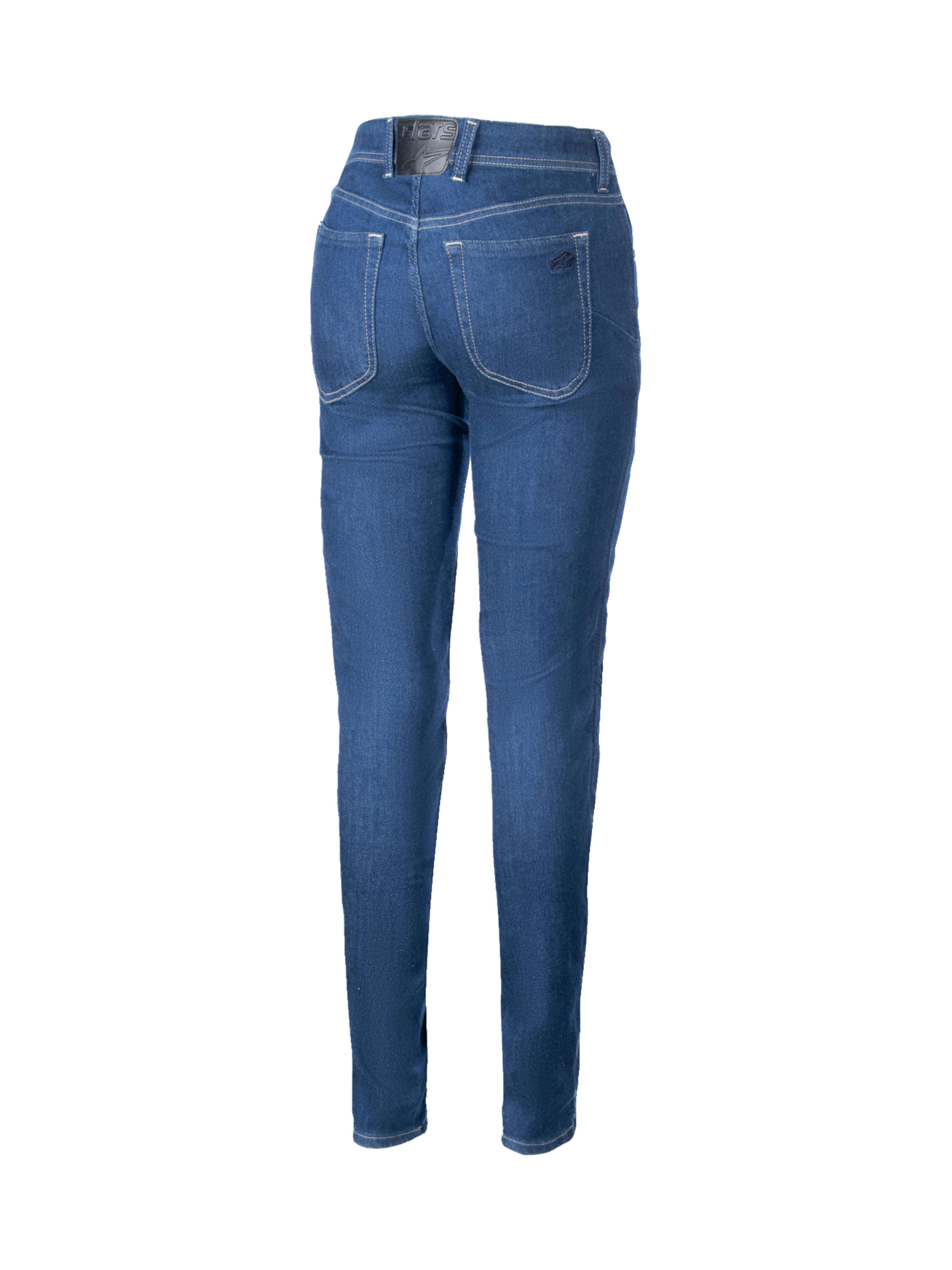 Alpinestars denim de moto Daisy V3, pantalon de moto pour femme, bleu, coupe ajustée avec taille haute, vue de dos montrant les poches arrière et le logo, renforts en aramide pour la conduite urbaine
