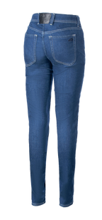 Alpinestars Daisy V3 Dames Motorjeans, Rinse Blue, achteraanzicht met slim fit pasvorm, twee achterzakken en zwarte logopatch op de tailleband, casual stedelijke motorkleding