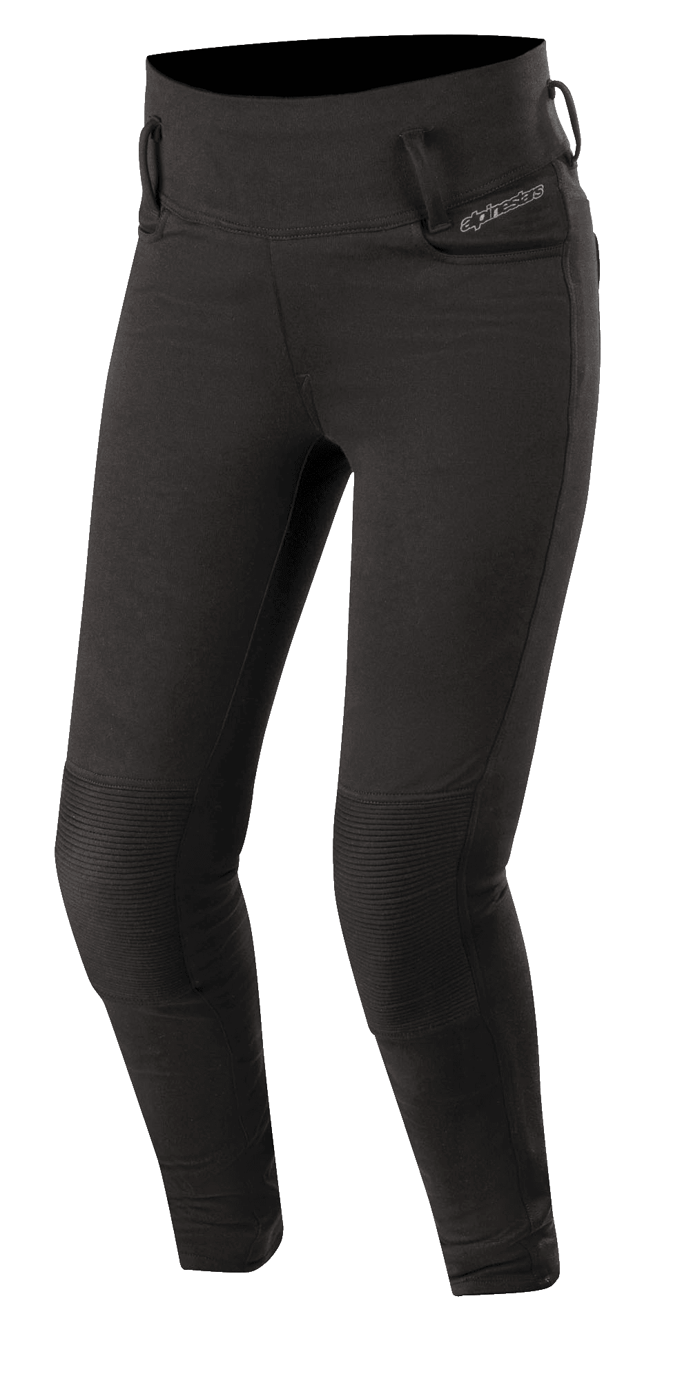 Alpinestars Banshee dameslegging, zwart, nauwsluitende motorlegging met versterkte geribbelde kniepanelen, riemlussen en een ontwerp met hoge taille, strakke sportieve look voor stedelijke ritten
