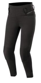 Alpinestars Banshee dameslegging, zwart, nauwsluitende motorlegging met versterkte geribbelde kniepanelen, riemlussen en een ontwerp met hoge taille, strakke sportieve look voor stedelijke ritten