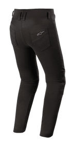 Alpinestars Banshee dameslegging, zwarte motorlegging, achteraanzicht met nauwsluitende pasvorm, achterzakken met Alpinestars-logo, anatomische stretchstof voor stedelijk weggebruik
