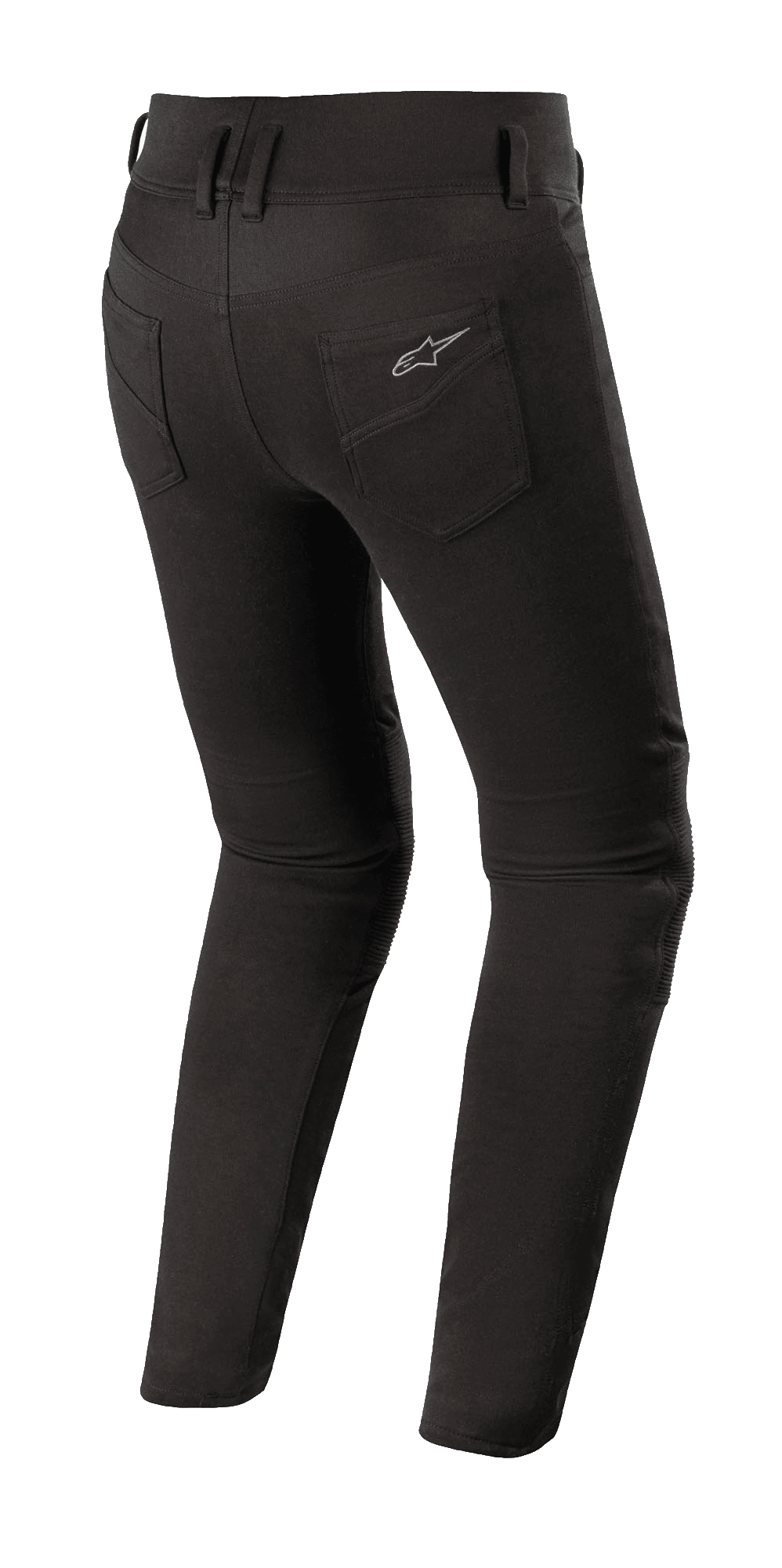 Alpinestars Banshee dameslegging, zwarte motorlegging, achteraanzicht met nauwsluitende pasvorm, achterzakken met Alpinestars-logo, anatomische stretchstof voor stedelijk weggebruik