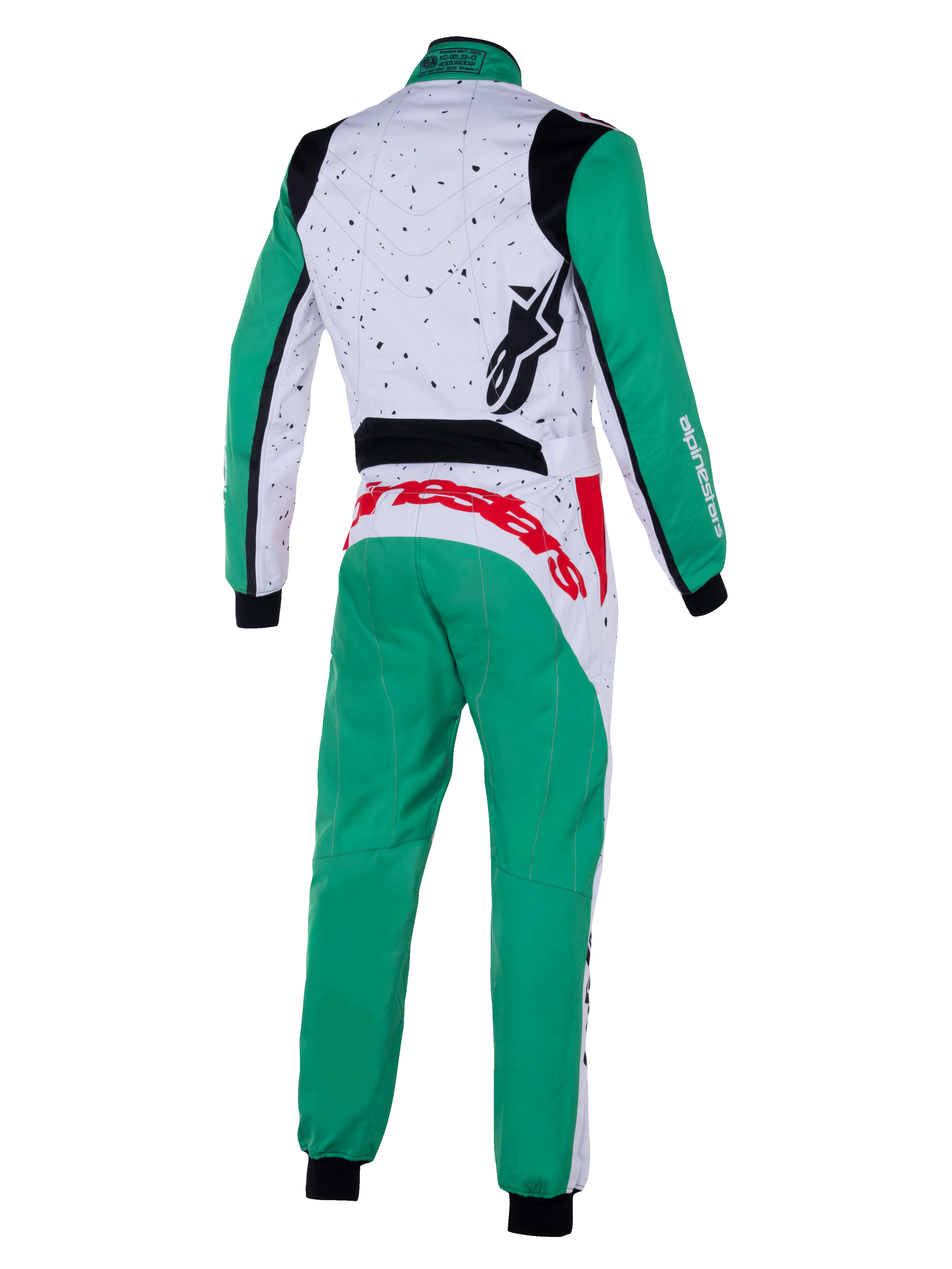 Alpinestars Youth KMX-9 V3 Graphic 6 Suit, Karting Suit, White Green and Red, back view, featuring green sleeves and pants, white upper back with black speckled graphics, red Alpinestars branding across the waist, black logo on the shoulder, professional karting apparel