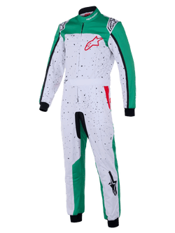 Alpinestars Youth KMX-9 V3 Graphic 6 racepak, kartracingpak voor de jeugd, wit, groen en rood, voorzien van een zwart gespikkeld patroon op een witte basis, groene panelen, geïntegreerde tailleband, zwarte manchetten en rode logo-accenten, jeugd motorsportkleding