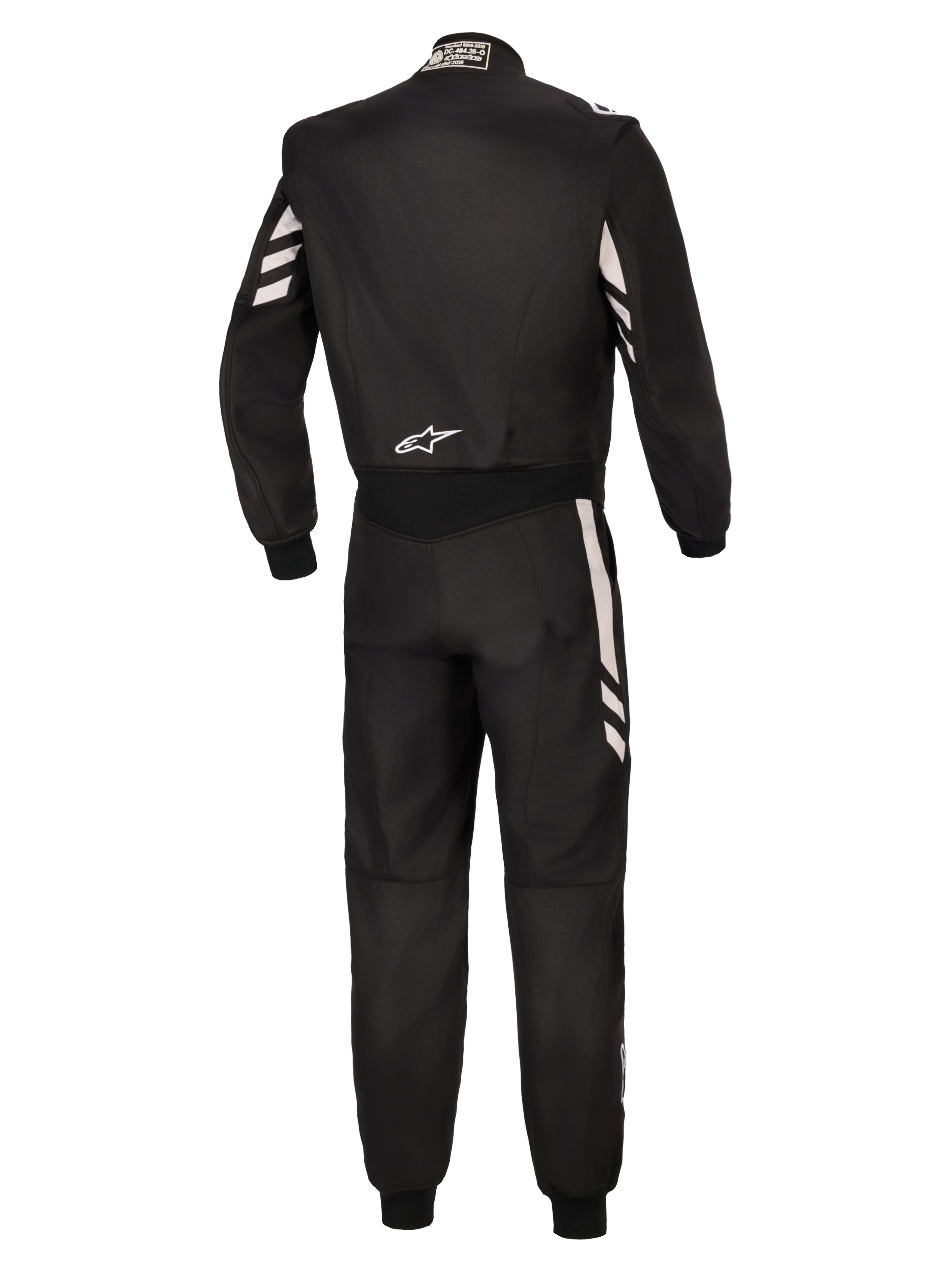 Alpinestars GP Race V3 Suit FIA, vue arrière d'une combinaison de course automobile une-pièce noire avec des accents argentés sur les manches et les jambes, arborant un logo Alpinestars blanc dans le bas du dos, équipement de sport automobile professionnel certifié FIA.
