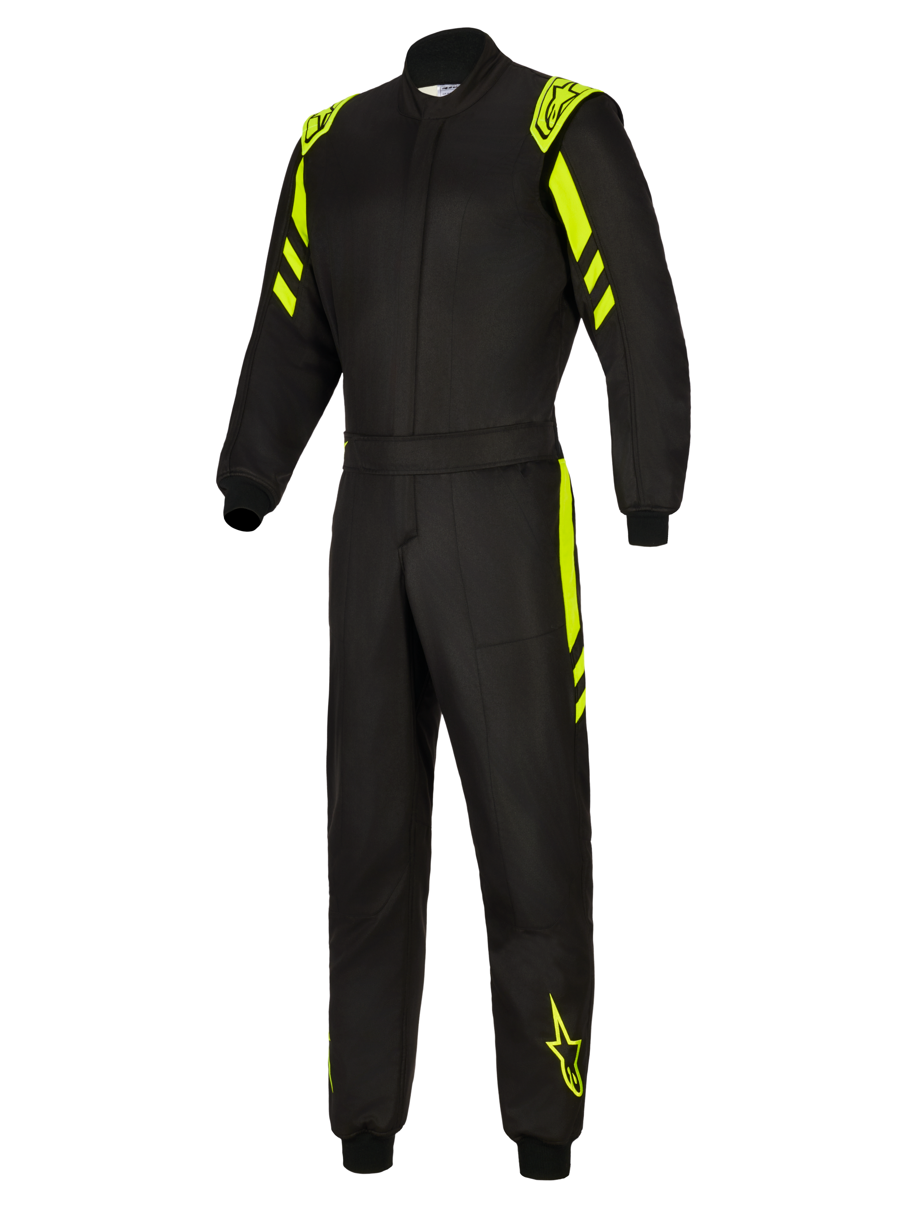 Alpinestars GP Race V3 Pak FIA, autoracepak, zwart en geel fluo, volledig vooraanzicht met fluorescerend gele details op de schouders, armen en benen, professioneel vuurbestendig racepak met Alpinestars-branding.