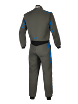 Alpinestars GP Race V3 Suit FIA, Auto Racing Suit, Anthracite Blue, back view showing grey textile construction with blue stripe accents, black stretch panel on the lower back, and small blue logo, professional motorsport safety gear