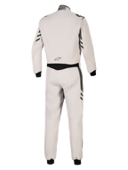 Alpinestars GP Race V3 Suit FIA, vue arrière d'une combinaison de course automobile une pièce gris argent et anthracite, corps gris clair avec accents anthracite foncé sur les manches et les jambes, poignets côtelés noirs, équipement de protection professionnel pour le sport automobile