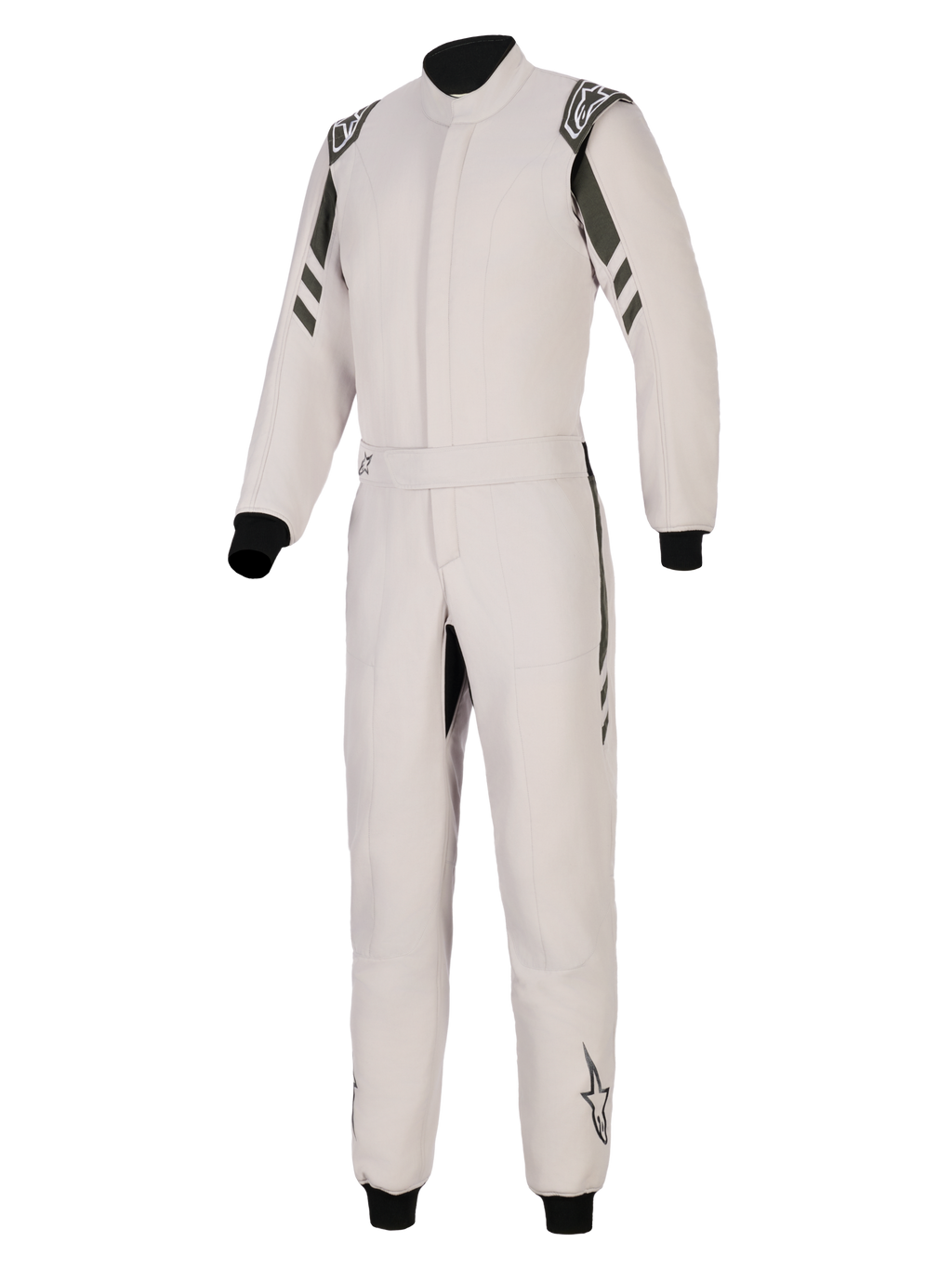 Alpinestars GP Race V3 Suit FIA, combinaison de course automobile, Argent Anthracite, design une pièce avec accents anthracite foncé sur les épaules et les jambes, taille ceinturée, poignets et chevilles côtelés noirs, logo Alpinestars sur les épaulettes et le bas des jambes