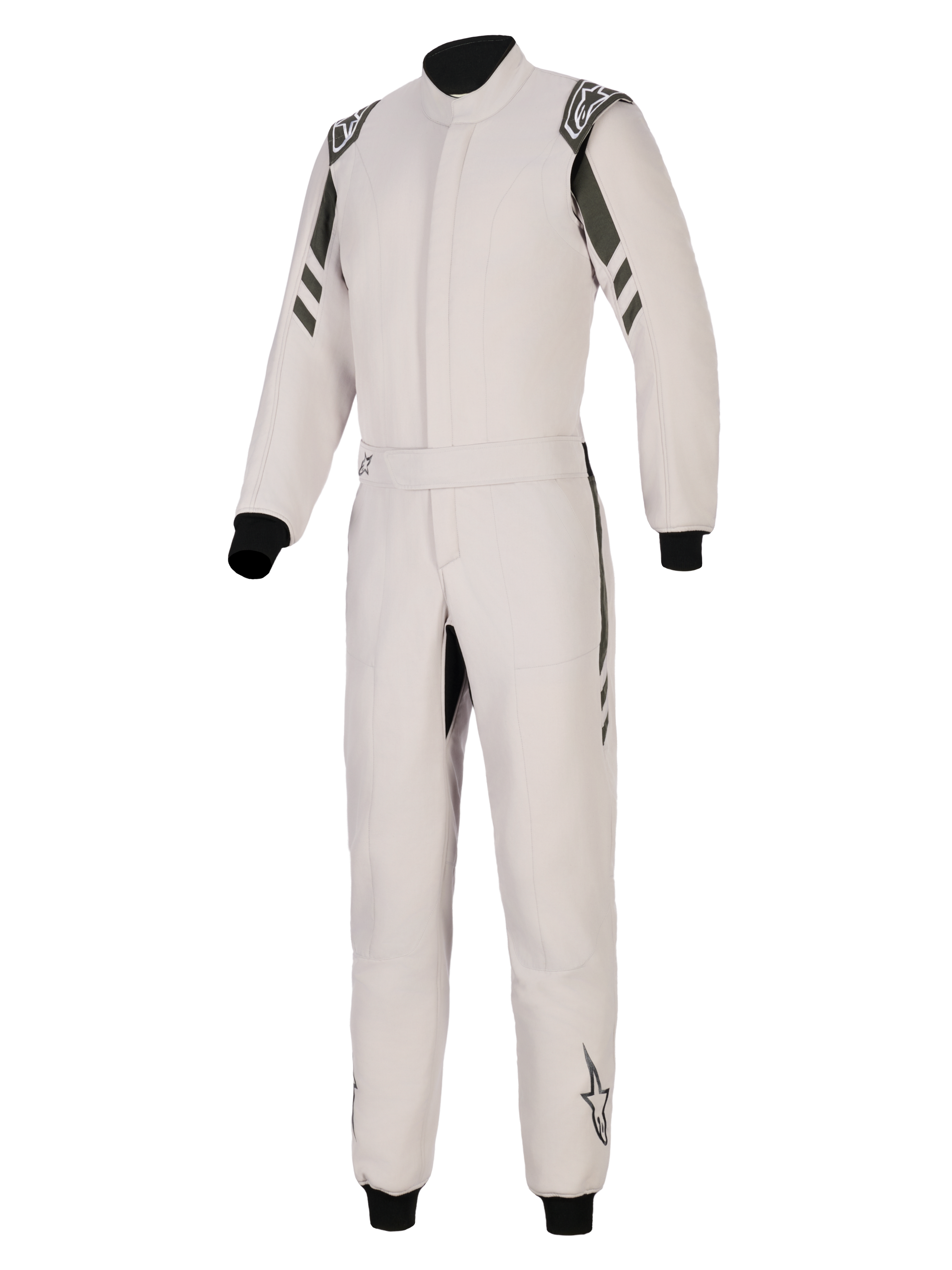 Alpinestars GP Race V3 Suit FIA, combinaison de course automobile, Argent Anthracite, design une pièce avec accents anthracite foncé sur les épaules et les jambes, taille ceinturée, poignets et chevilles côtelés noirs, logo Alpinestars sur les épaulettes et le bas des jambes
