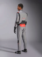 Alpinestars Hypertech V3 Suit in Mid Gray Black Red Fluo, driekwart achteraanzicht, met opvallende rode Alpinestars-branding op de onderrug, zwarte stretchpanelen en een slanke atletische pasvorm voor professionele autoraces.