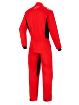 Alpinestars Kart Indoor V2 Suit, Red, Back view of one-piece kart racing suit with black side panels and inner leg accents, featuring a white Astars logo on the back neck and an elasticated waist.