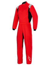 Alpinestars Kart Indoor V2 Suit, Red one-piece karting suit with black side panels, white logos on shoulders and lower leg, featuring a high collar and elastic waist belt, designed for recreational kart racing.