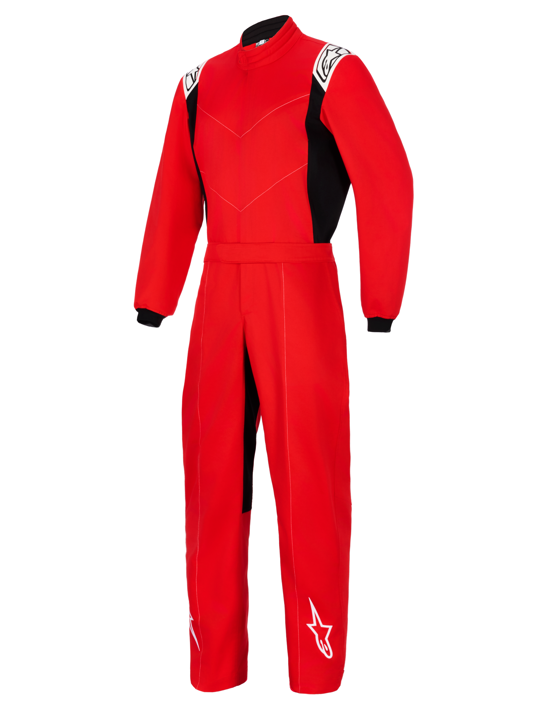 Alpinestars Kart Indoor V2 Suit, Red one-piece karting suit with black side panels, white logos on shoulders and lower leg, featuring a high collar and elastic waist belt, designed for recreational kart racing.