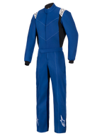 Alpinestars Kart Indoor V2 Suit, Blue, One-Piece Karting Suit, features white Alpinestars logos on shoulders and lower legs, black side panels and wrist cuffs, durable single-layer poly-cotton twill construction for recreational racing.