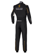 Combinaison Alpinestars Édition Limitée Lamborghini GP Tech V4 FIA, vue arrière d'une combinaison de course automobile professionnelle noire, avec le logo Lamborghini Squadra Corse et le texte Technical Support, accents dorés et logos Alpinestars argentés.