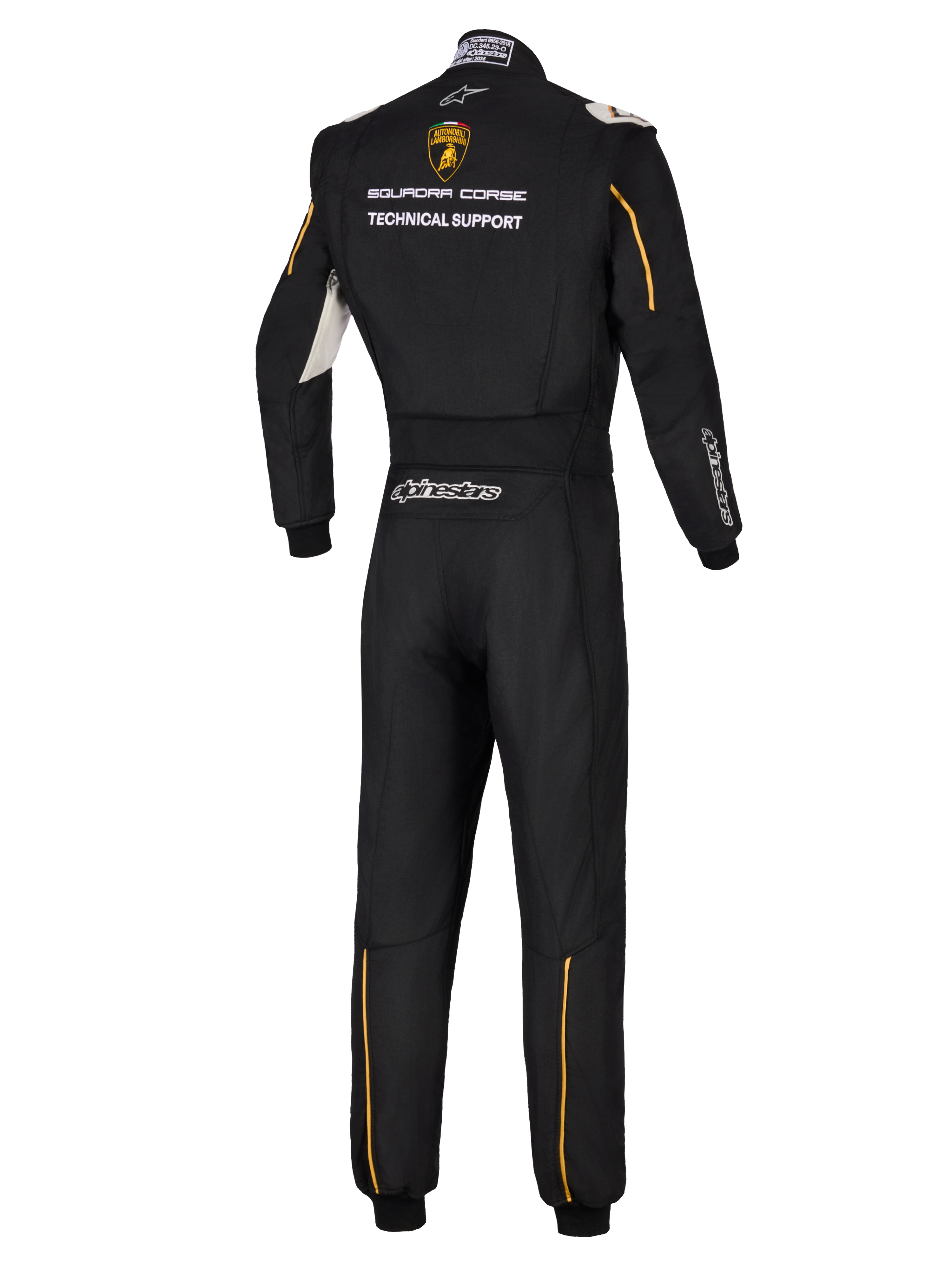 Combinaison Alpinestars Édition Limitée Lamborghini GP Tech V4 FIA, vue arrière d'une combinaison de course automobile professionnelle noire, avec le logo Lamborghini Squadra Corse et le texte Technical Support, accents dorés et logos Alpinestars argentés.