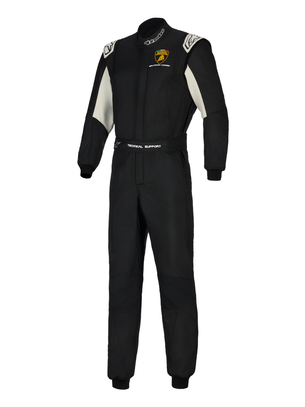 Combinaison Alpinestars Lamborghini GP Tech V4 Édition Limitée, combinaison de course automobile professionnelle, noire avec des accents argentés et blancs, arborant le logo Lamborghini Squadra Corse sur la poitrine, marquage « Technical Support » sur la ceinture et logos Alpinestars sur le col et les épaules.