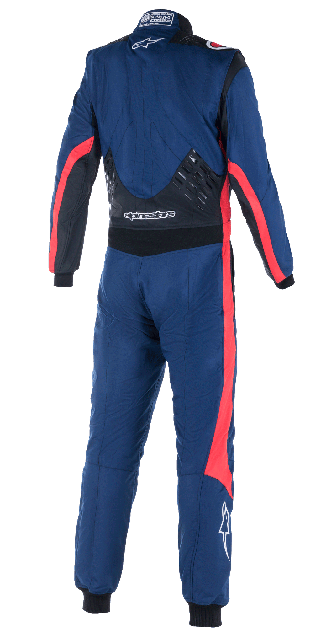 Combinaison Alpinestars GP Pro Comp V2 FIA, vue arrière d'une combinaison de course automobile une pièce, bleu marine avec des accents noirs et rouges, dotée de panneaux de préhension en silicone dans le bas du dos, bandes de course rouges sur les manches et les jambes, logo Alpinestars blanc, équipement de performance professionnel