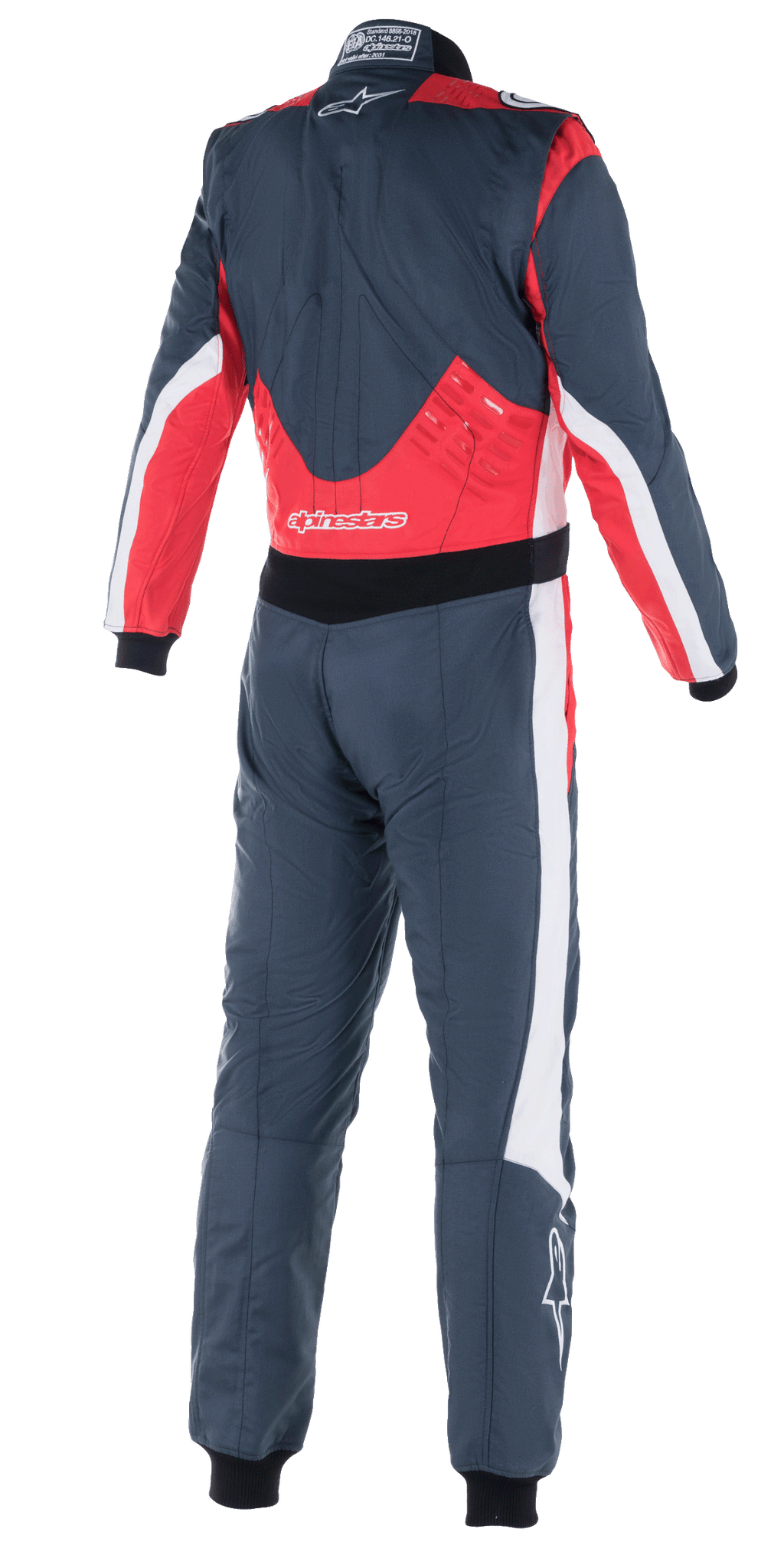 Alpinestars GP Pro Comp V2 FIA Suit, Auto Racing Suit, Asphalt Red and White, rear view featuring red panels on the lower back and shoulders, white accents on sides, and Alpinestars logo branding